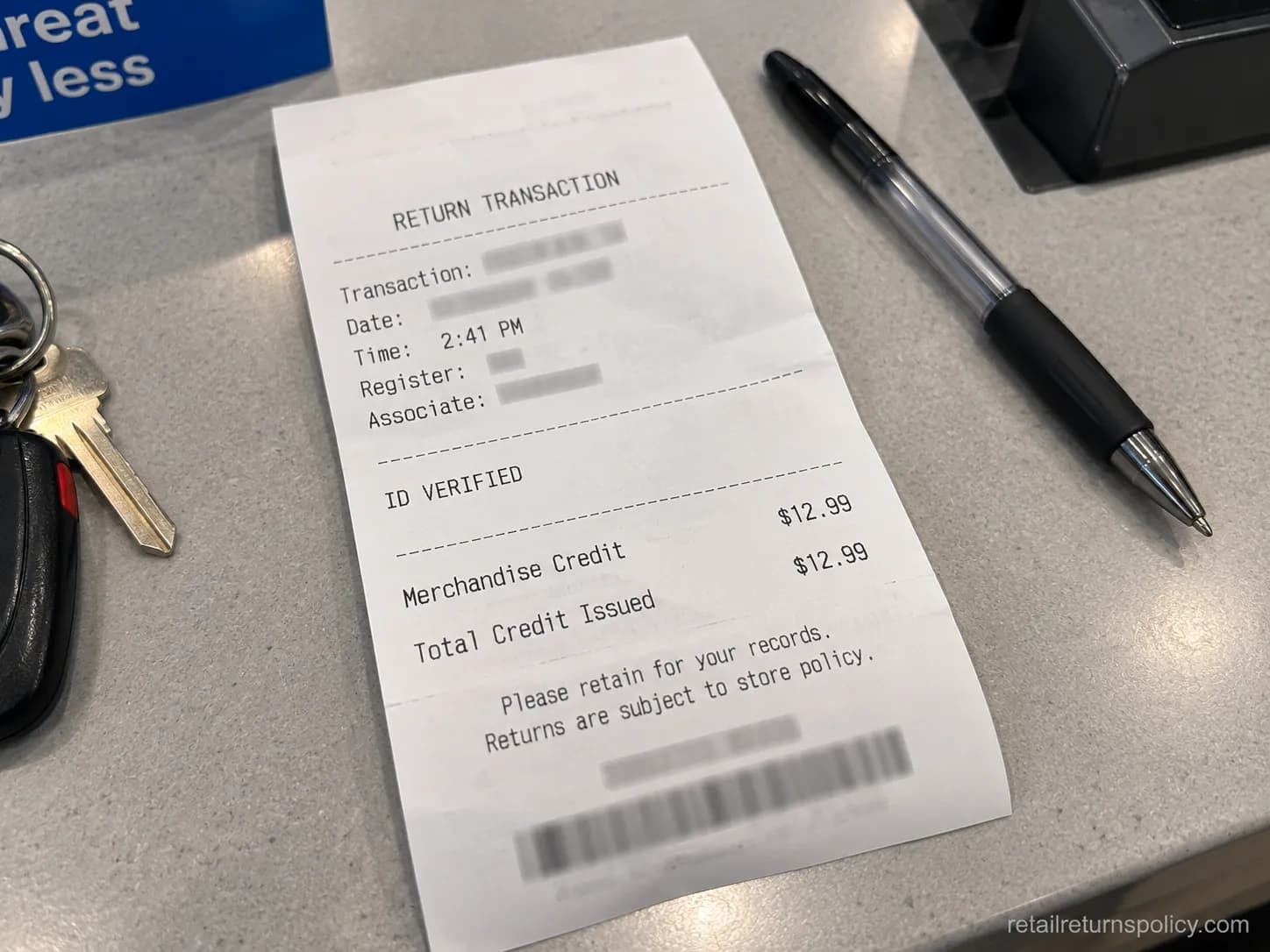 Redacted Ross no-receipt return slip showing an ID-verified merchandise credit after 30 days