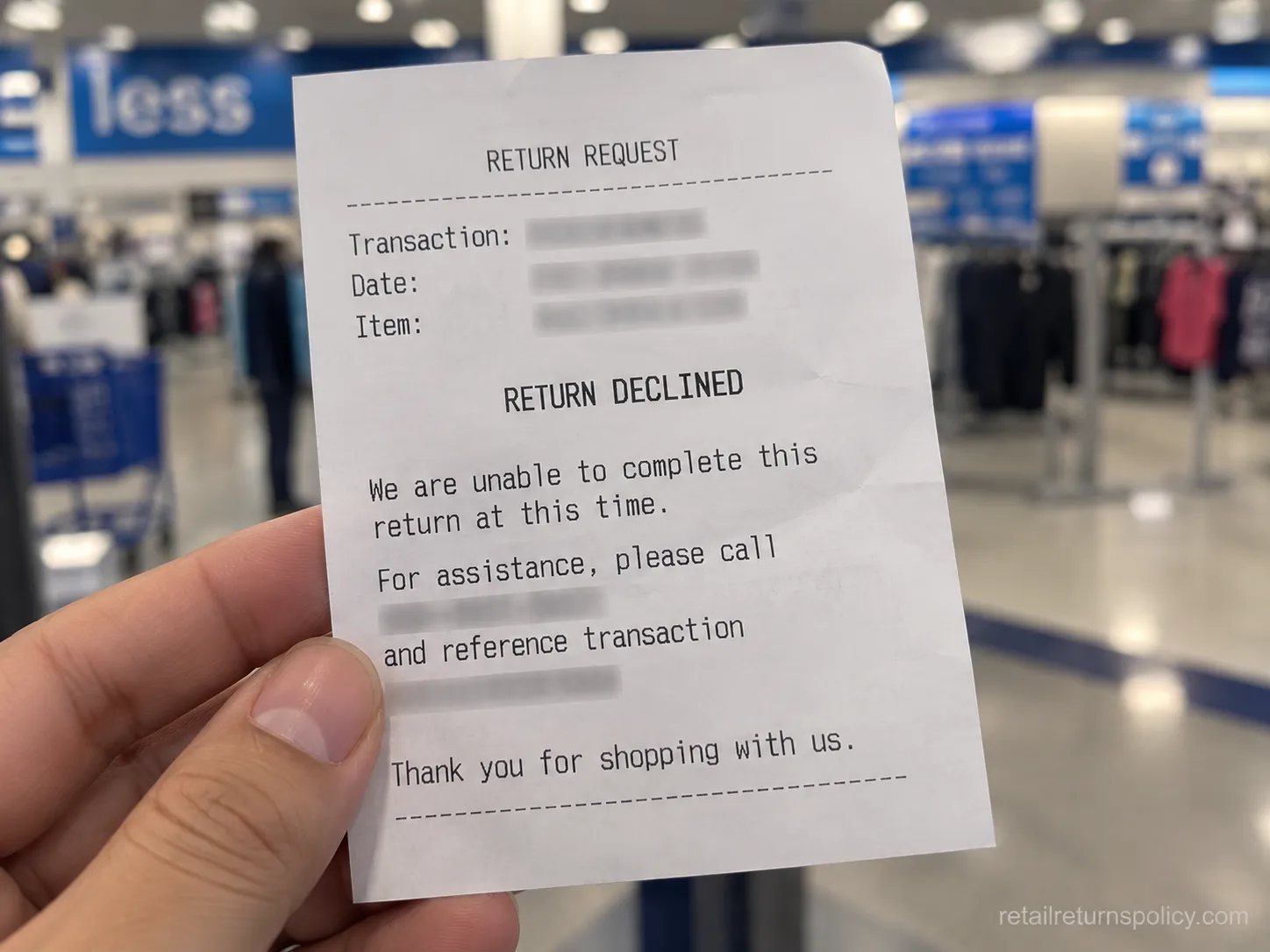 Redacted return-declined slip from Ross directing the shopper to call a number.