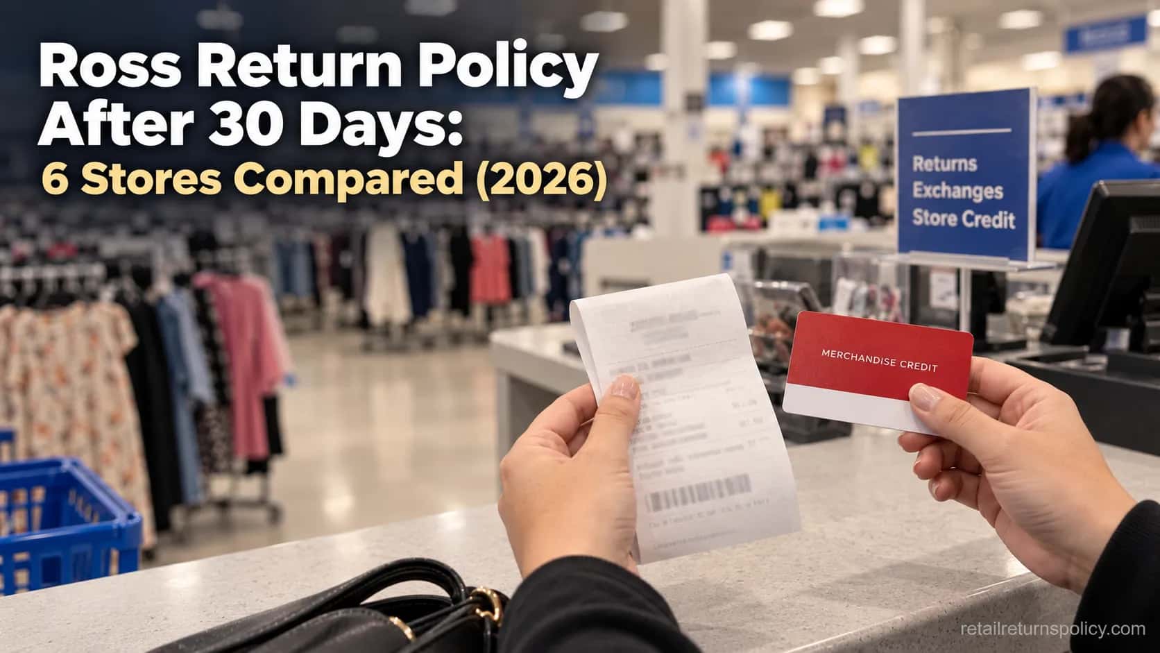 Shopper holding a store-credit card and receipt at an off-price store returns counter.