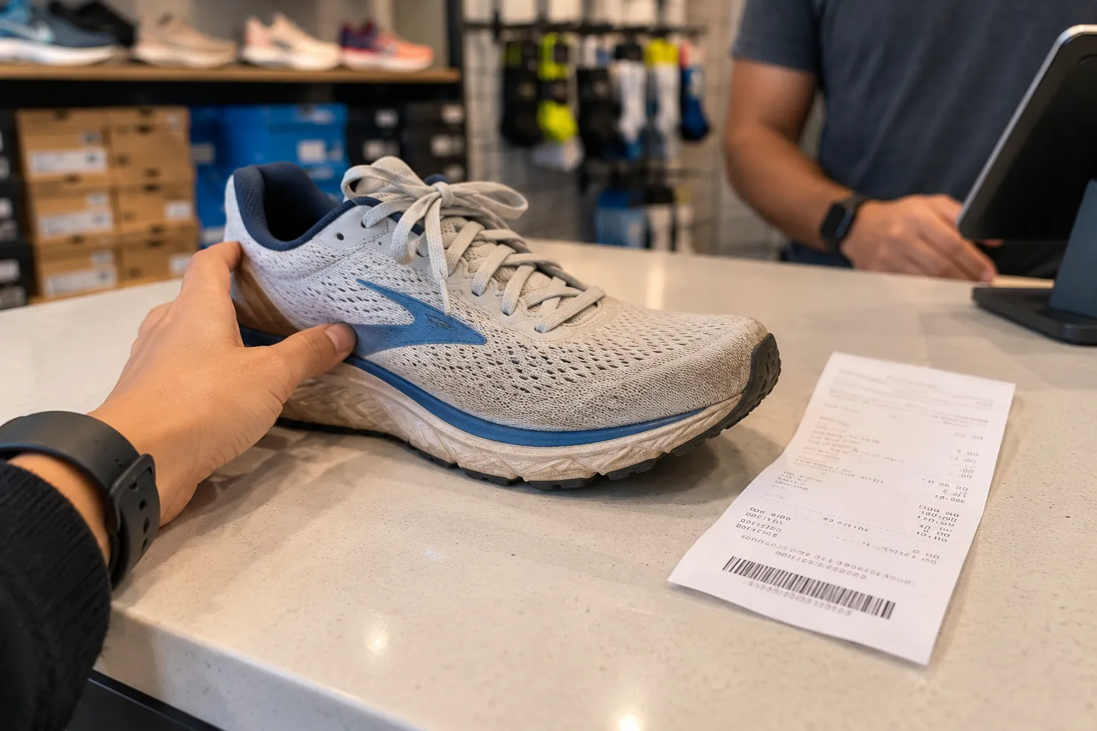 Hand placing a lightly worn running shoe and paper receipt on a specialty running store counter during a return request.