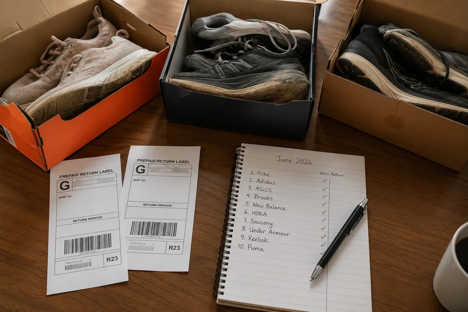 Overhead view of three open shoe boxes with worn running shoes, printed return labels, and a notebook listing brands and test dates on a wooden desk, illustrating a running shoe return policy testing