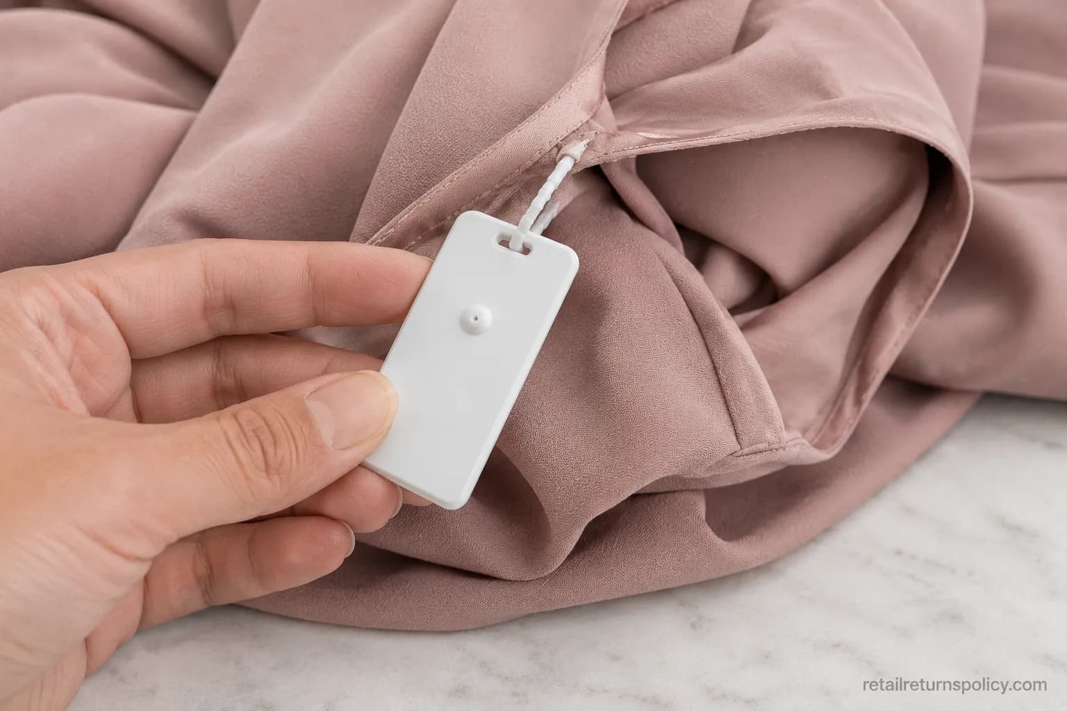 Attached garment return tag on a Saks dress that must stay on for the return to be accepted