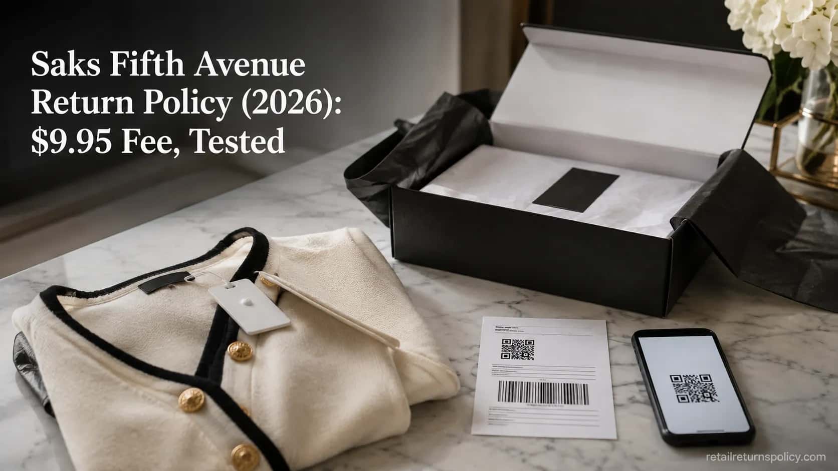 Saks Fifth Avenue return laid out with gift box, garment, shipping label and QR code before mailing