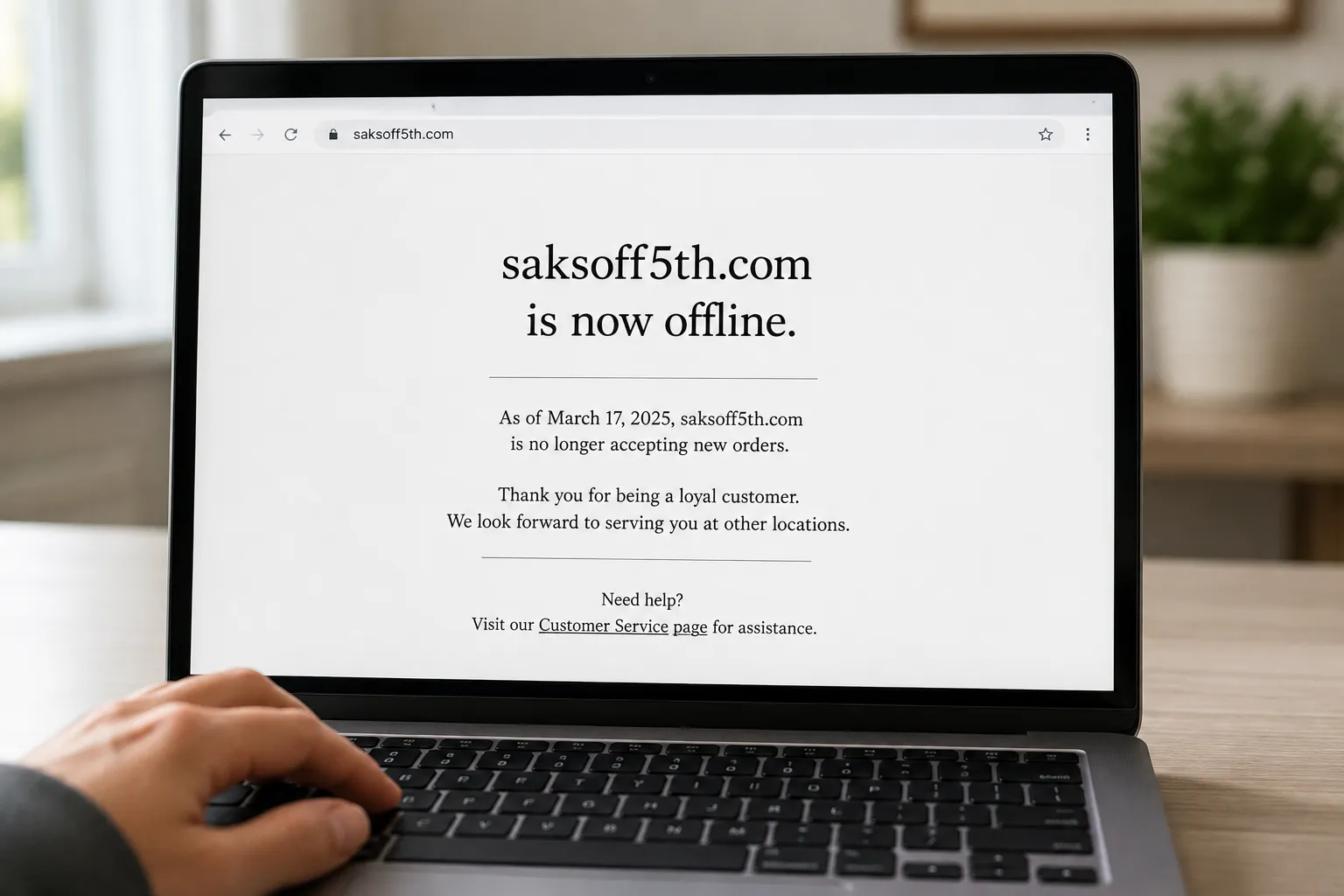 Saksoff5th.com offline closure notice shown on a laptop confirming the online store has shut down