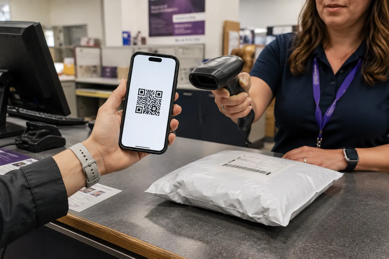 Customer handing a phone with a Saks return QR code to a FedEx associate to avoid printing a label