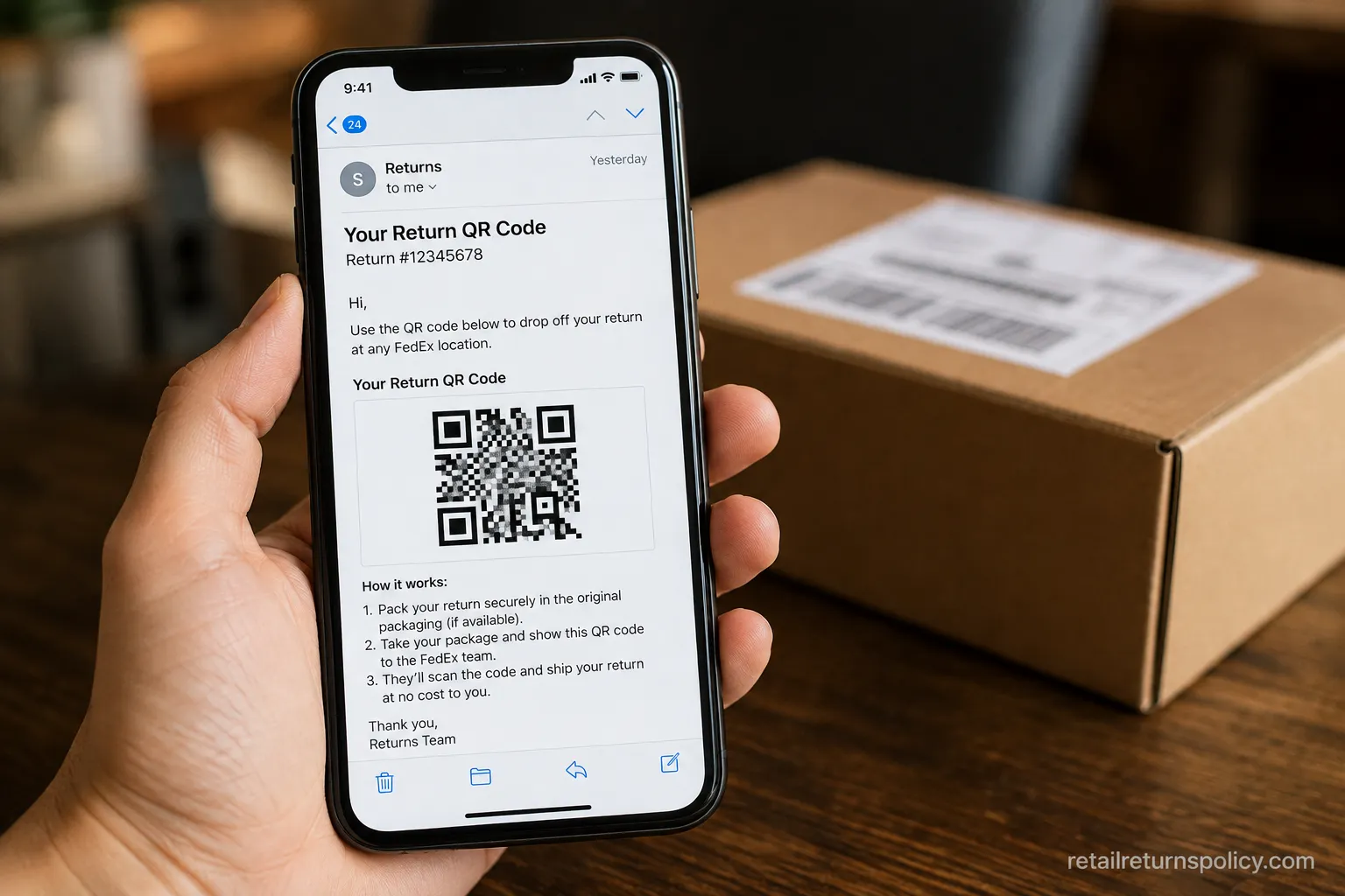 Emailed Saks return QR code shown on a phone to scan at a FedEx location