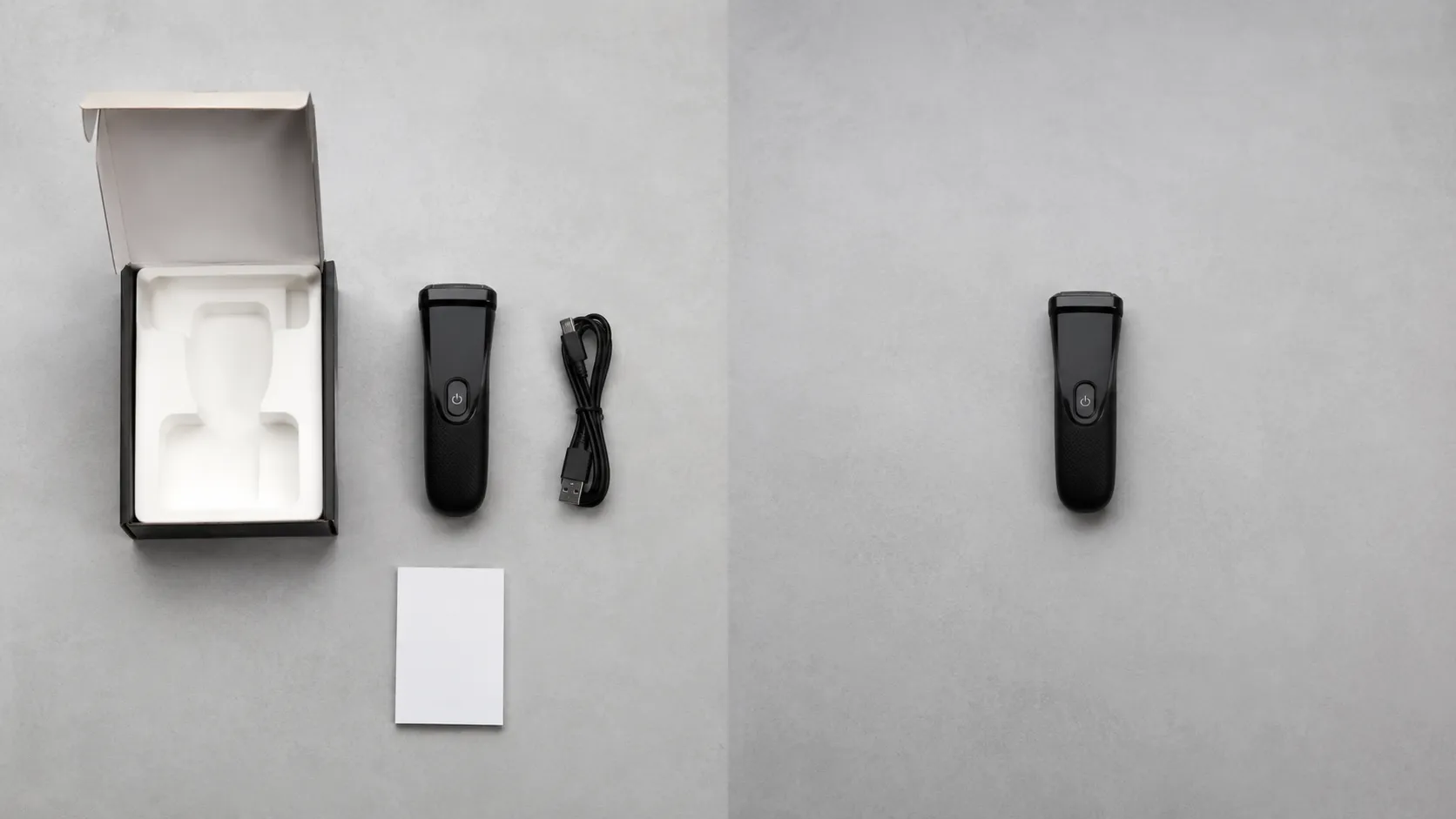 Overhead comparison of the same unbranded consumer electronic device shown complete with box, cable and manual on the left, and the identical device alone on the right on a light grey surface.