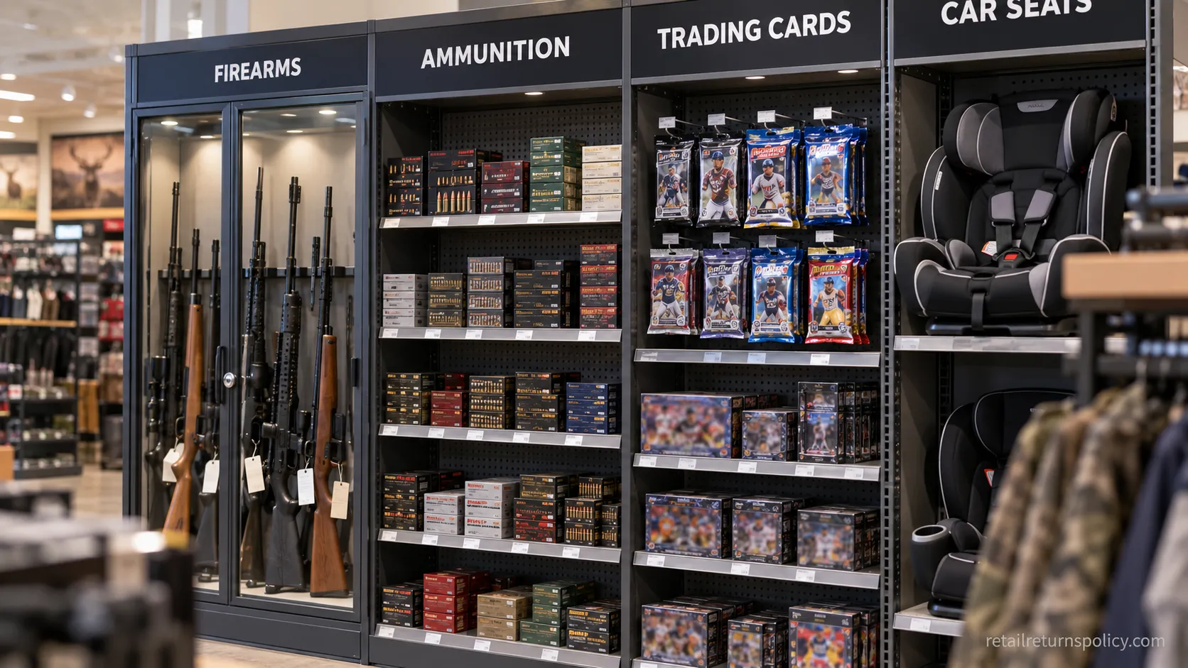 Scheels shelf showing non-returnable categories like ammunition, firearms, and trading cards.