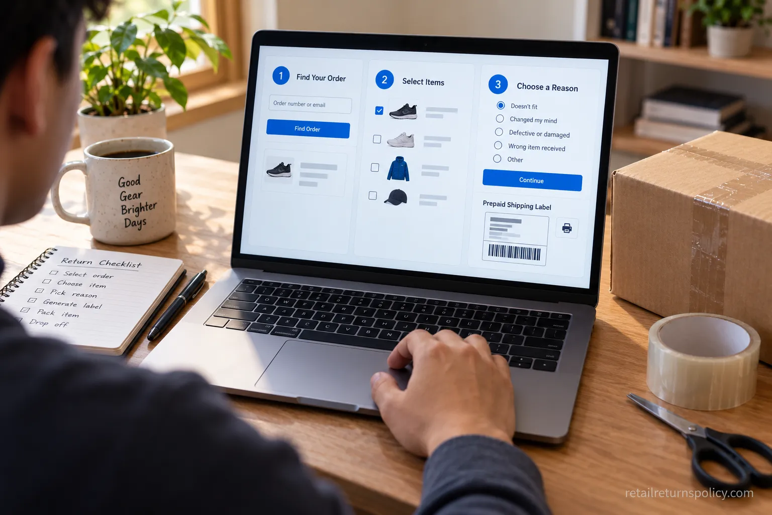 Scheels online return portal steps from order lookup to prepaid label.