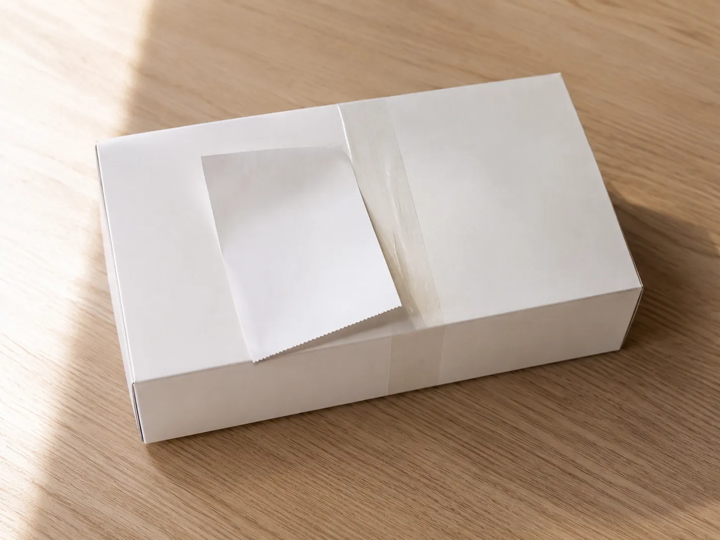 Store credit slip resting on a sealed white product box with intact factory tape, photographed overhead on a light wooden surface to illustrate an accepted store credit return after 22 days