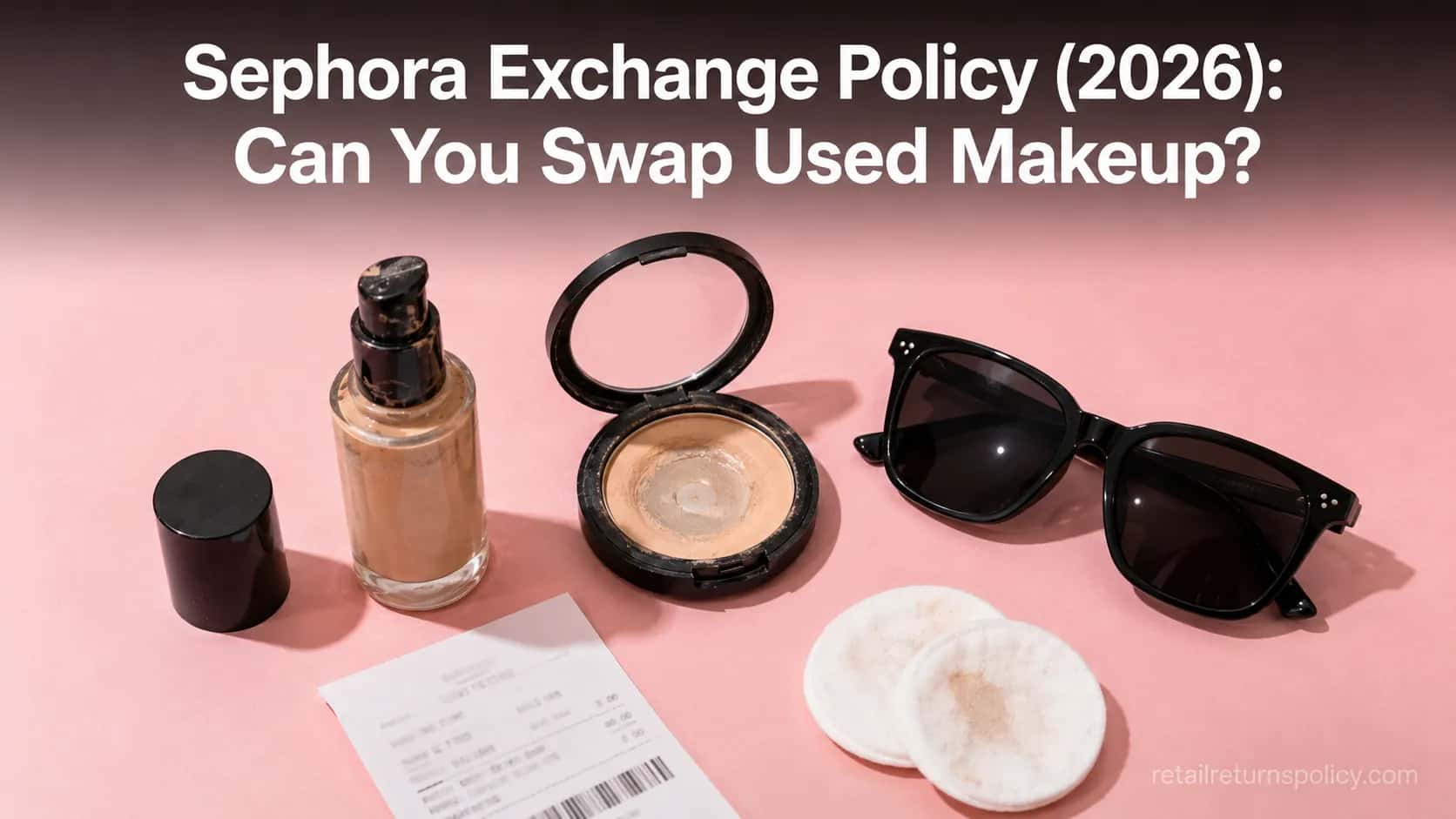 Used foundation, open compact, and sunglasses flat-lay illustrating the Sephora exchange policy for 2026.