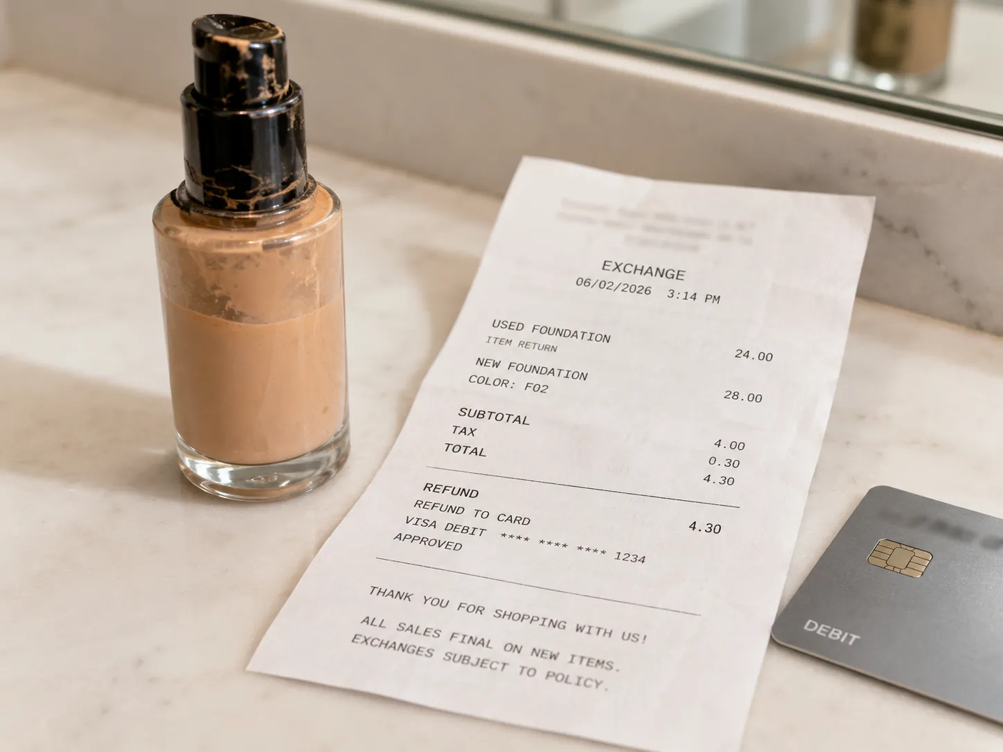 Used foundation bottle beside a Sephora exchange receipt showing the price difference refunded to a card.
