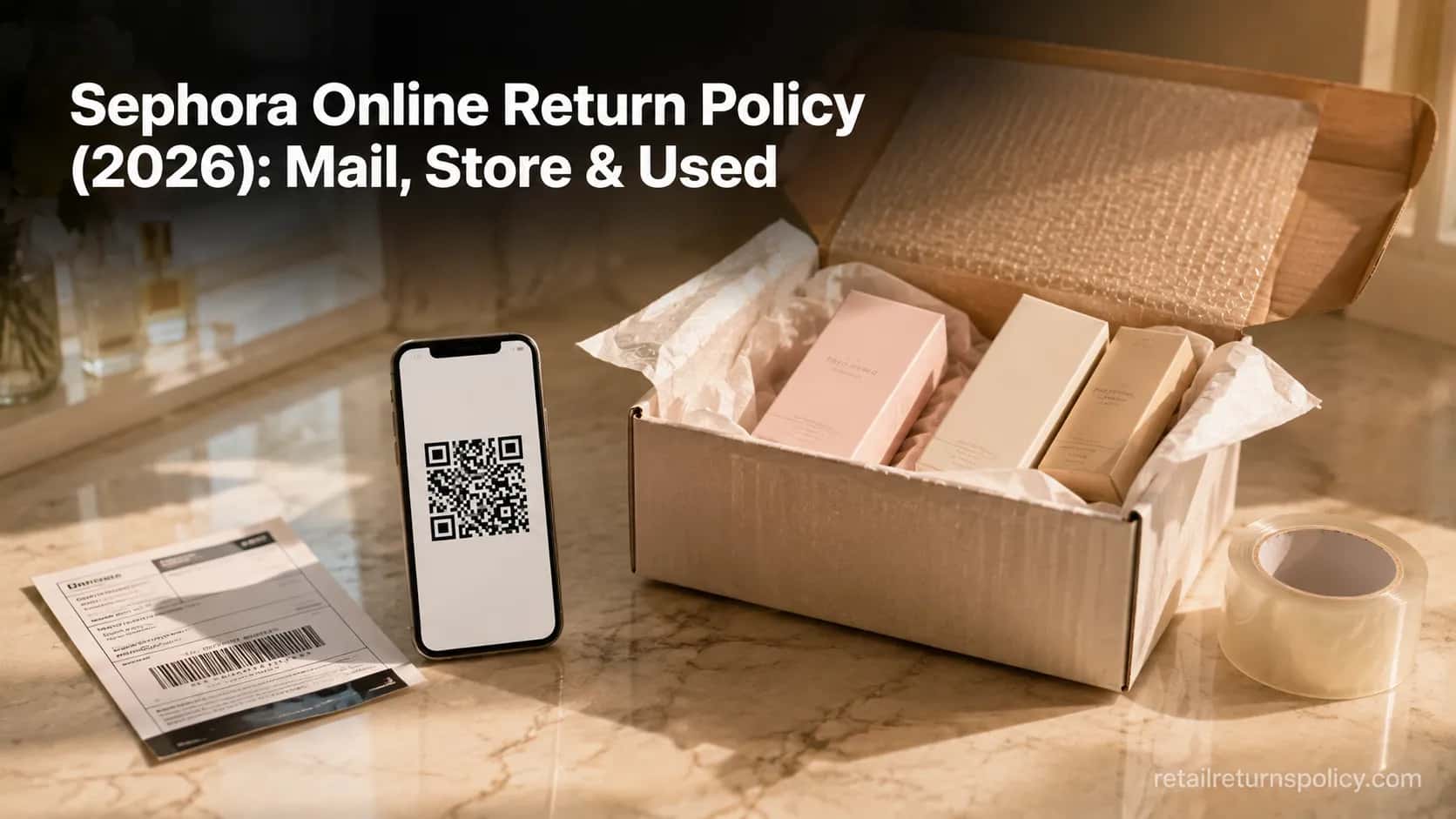Packing a Sephora online order for a mail-back return with a prepaid label.