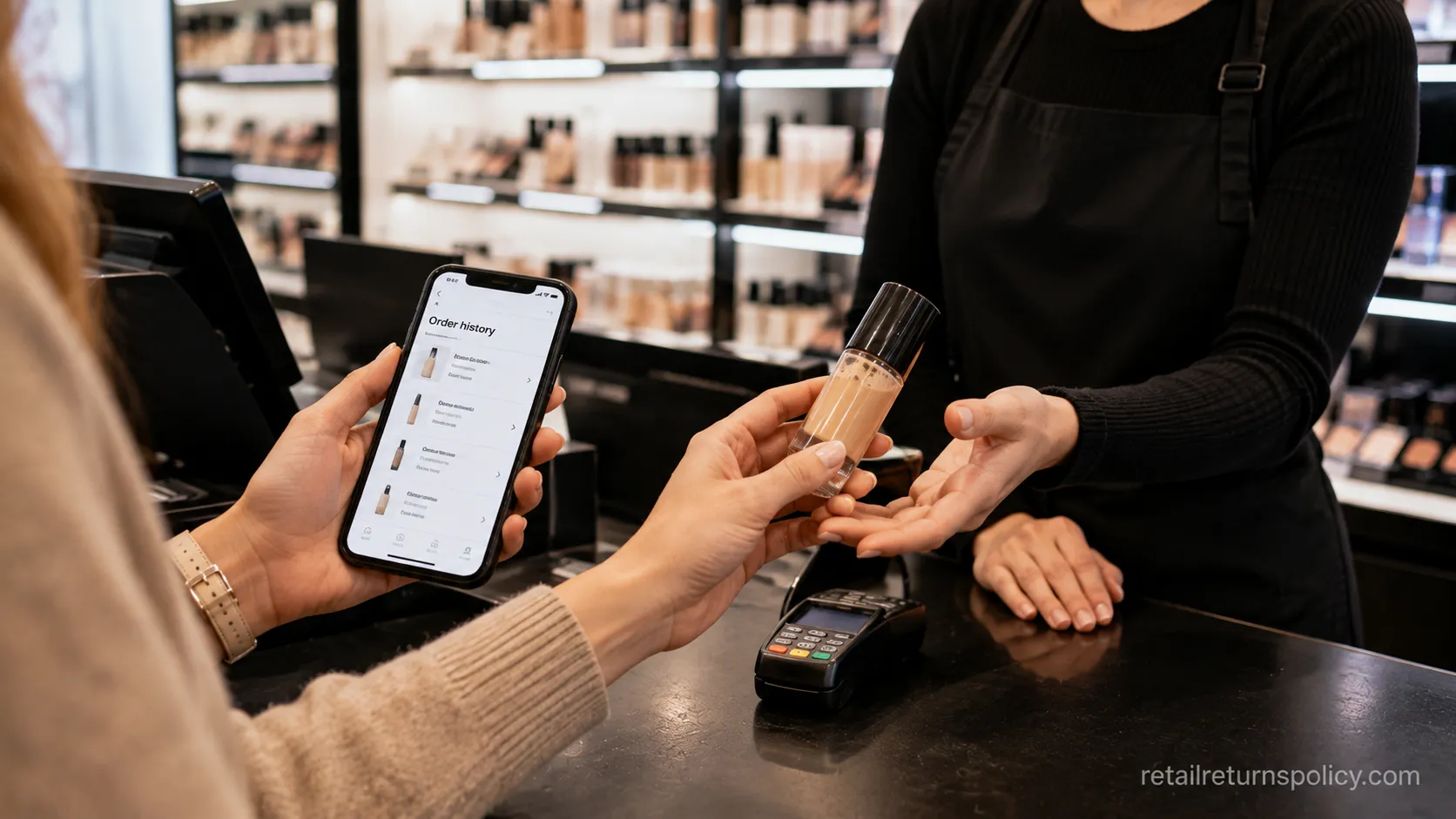 Customer exchanging gently used foundation at a Sephora counter using Beauty Insider order history.