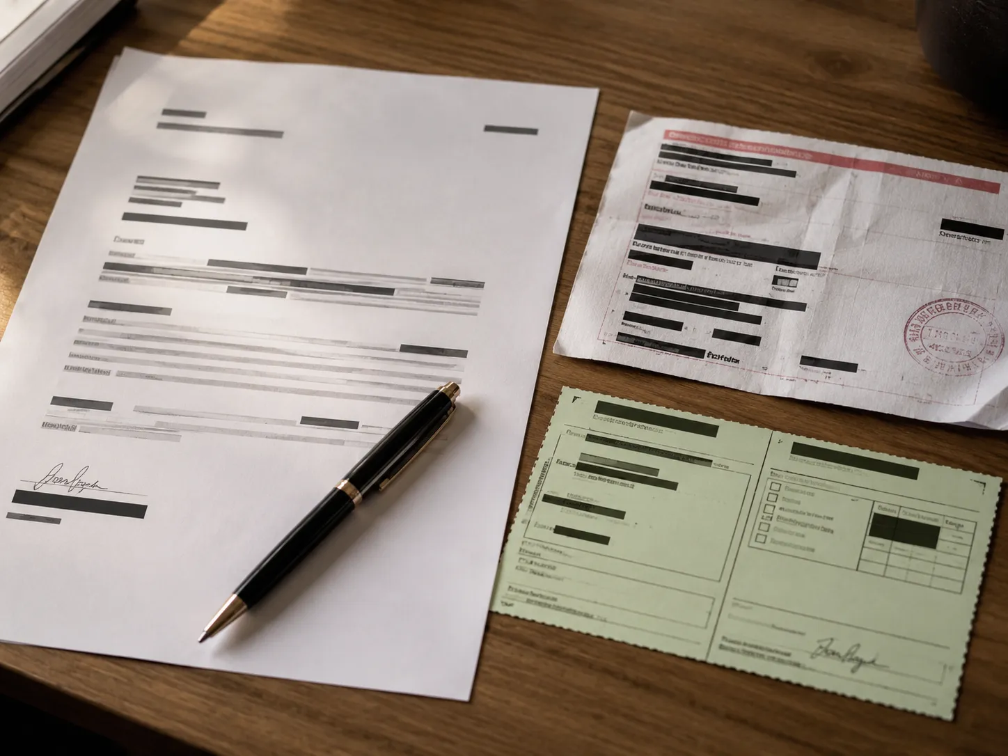 Representative illustration of a signed dispute letter beside a certified mail receipt and green return receipt card with personal details redacted, arranged on a wooden desk with a pen.