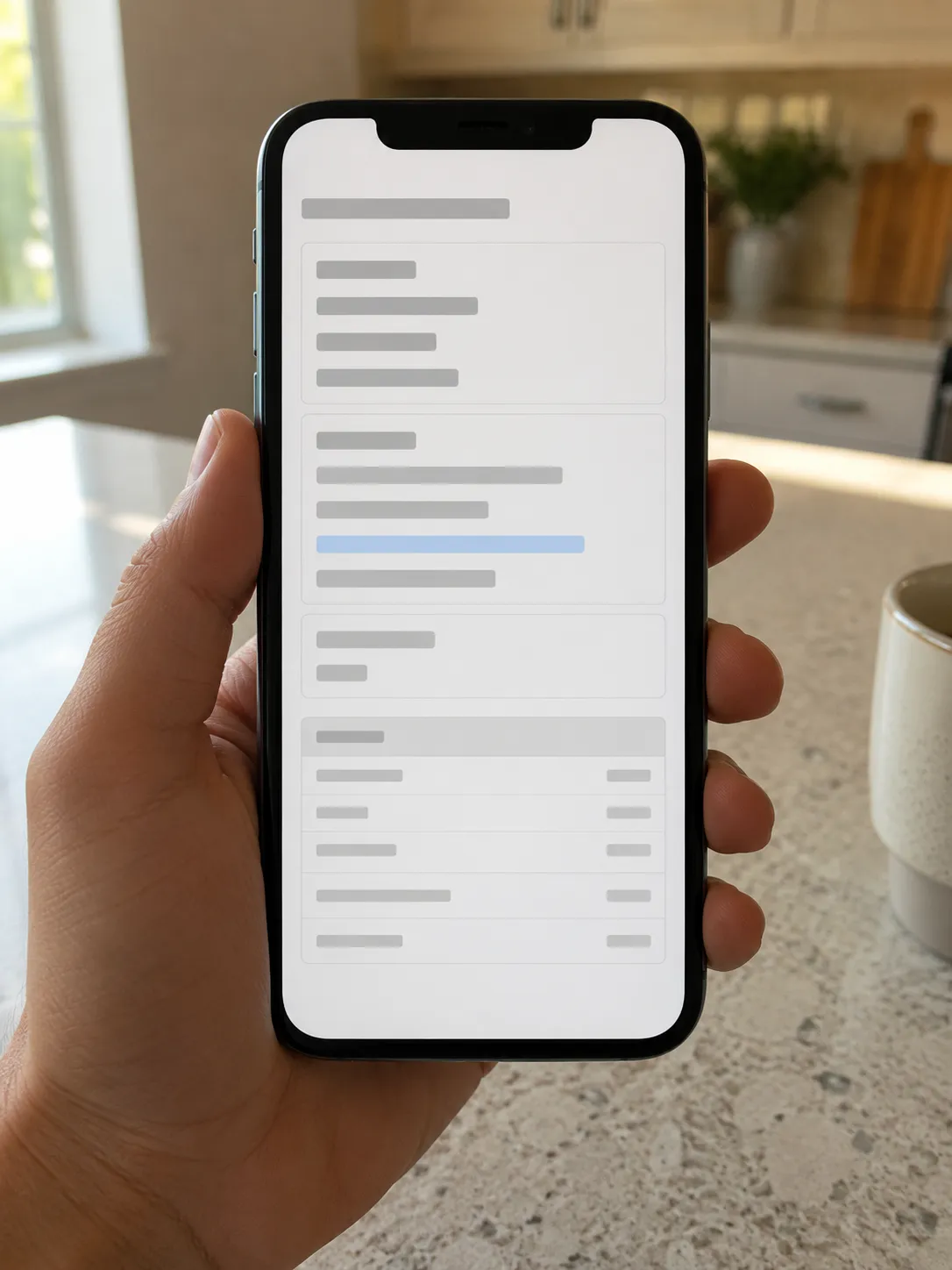 Hand holding a smartphone displaying a generic order details screen with one subtly highlighted line, illustrating the policy-defining entry on an order page without readable text or branding.