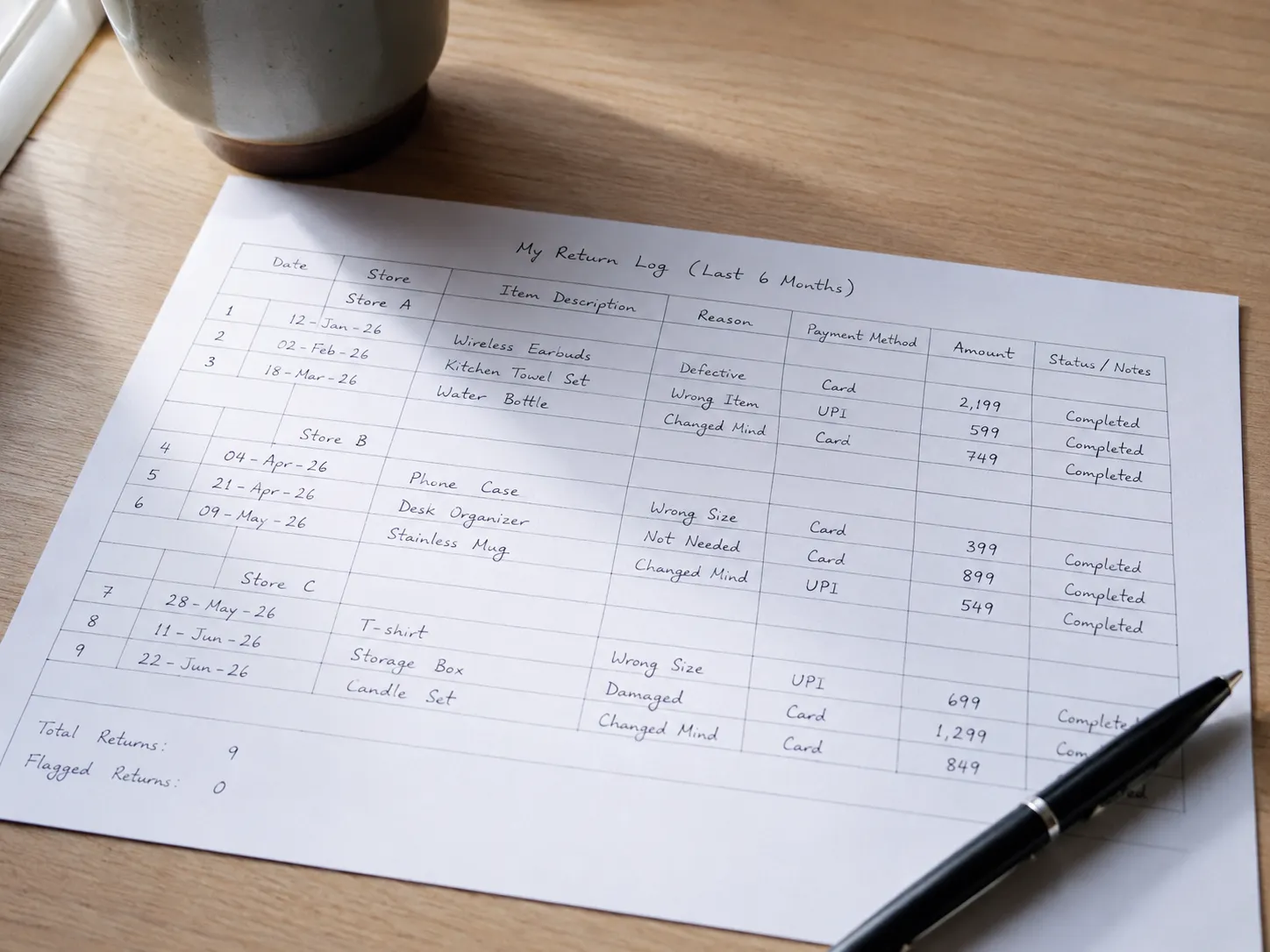 Personal six-month return log showing nine returns across three stores with no returns flagged, photographed on a light wood desk with a pen and coffee mug.
