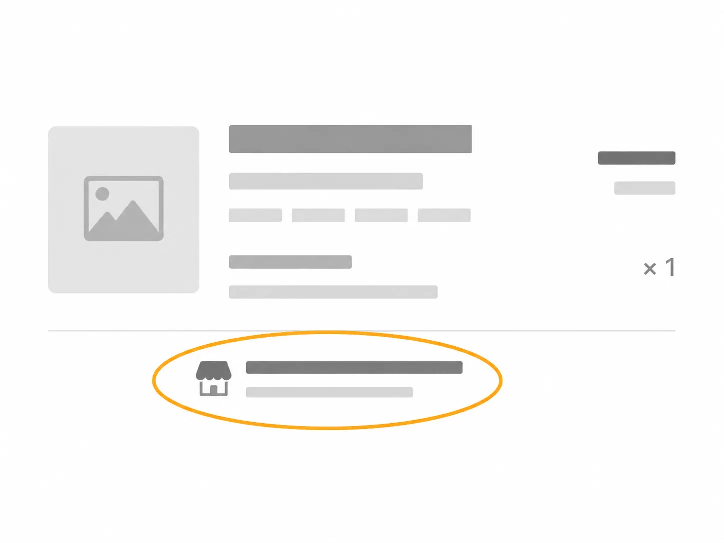 Flat vector illustration of a generic e-commerce order summary highlighting the seller attribution line that indicates the item is sold and shipped by a marketplace seller, with unreadable placeholder