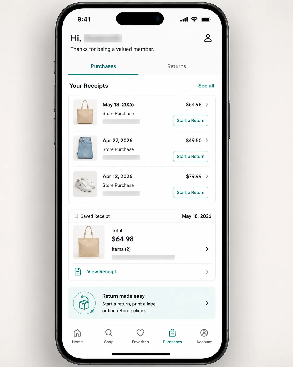 Smartphone showing a generic retail app with saved digital receipts and return history, illustrating how digital receipts can simplify returns and reduce ID checks.