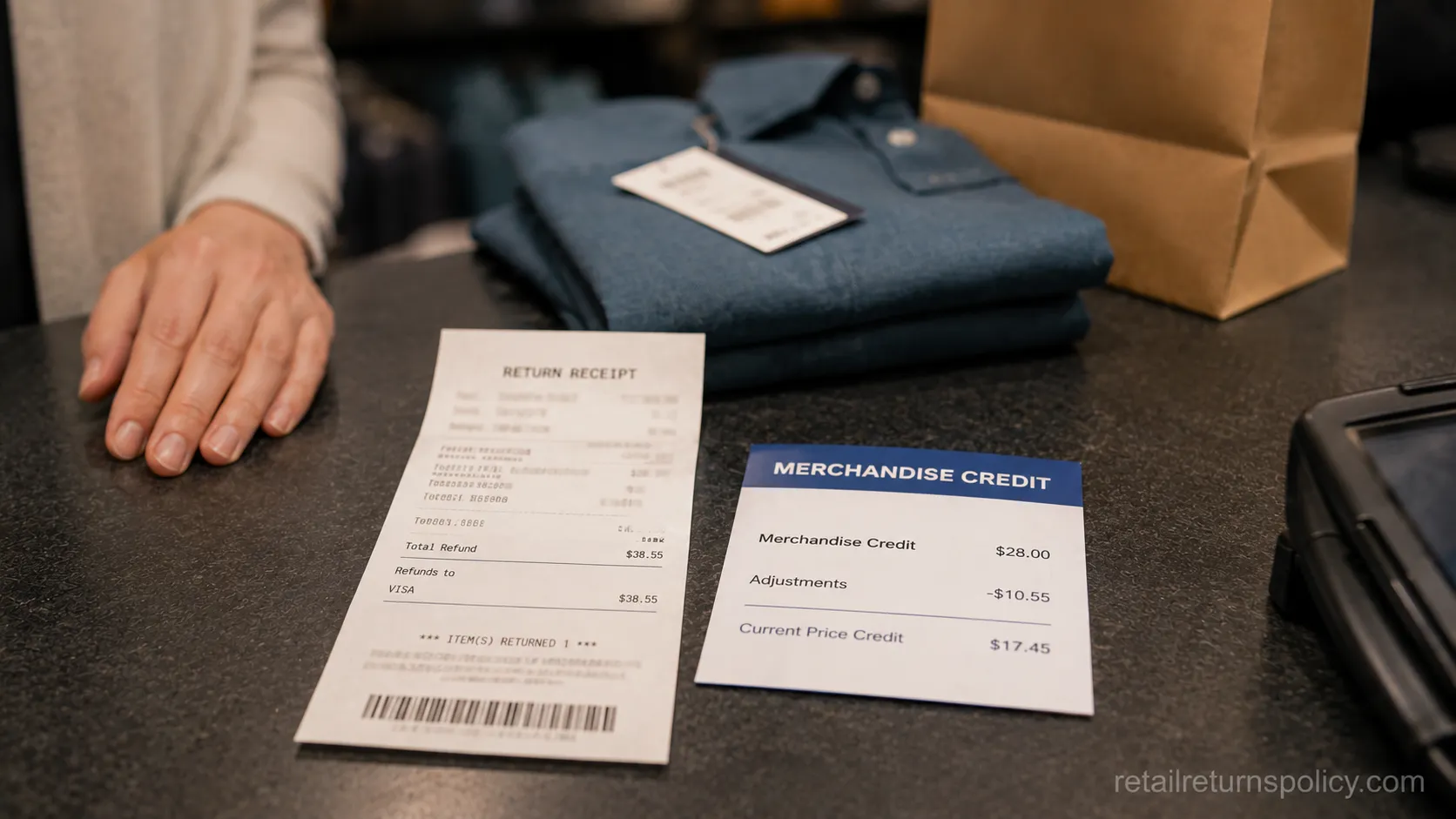 store credit slip issued after a return window closed showing a current price markdown adjustment on a retail counter