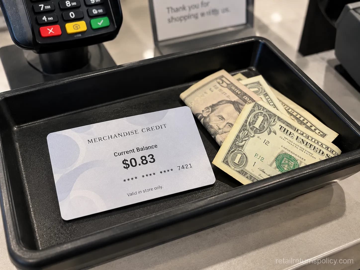 Low-balance store-credit card at a register in a state that requires cash-out.