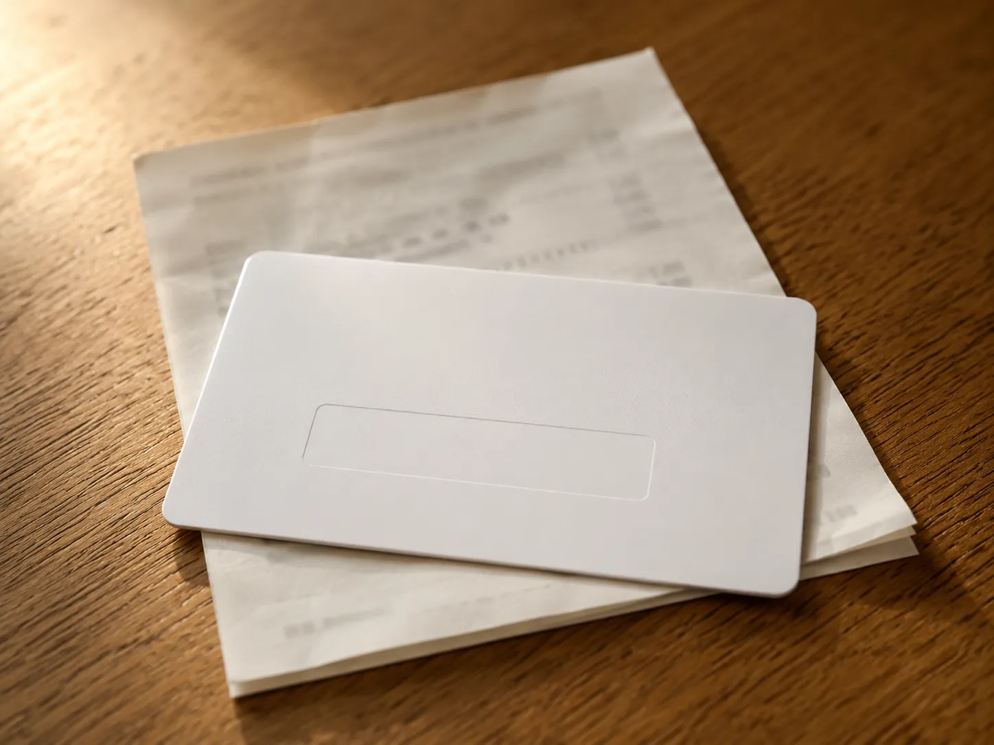 Unbranded white store credit gift card resting on a folded receipt on a wooden table, illustrating refund or exchange credit with all personal details and retailer information removed.
