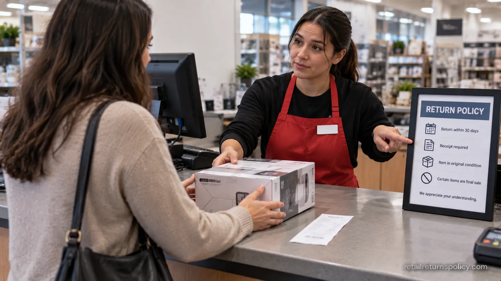 Store associate returning an item to a shopper while pointing at a posted return policy