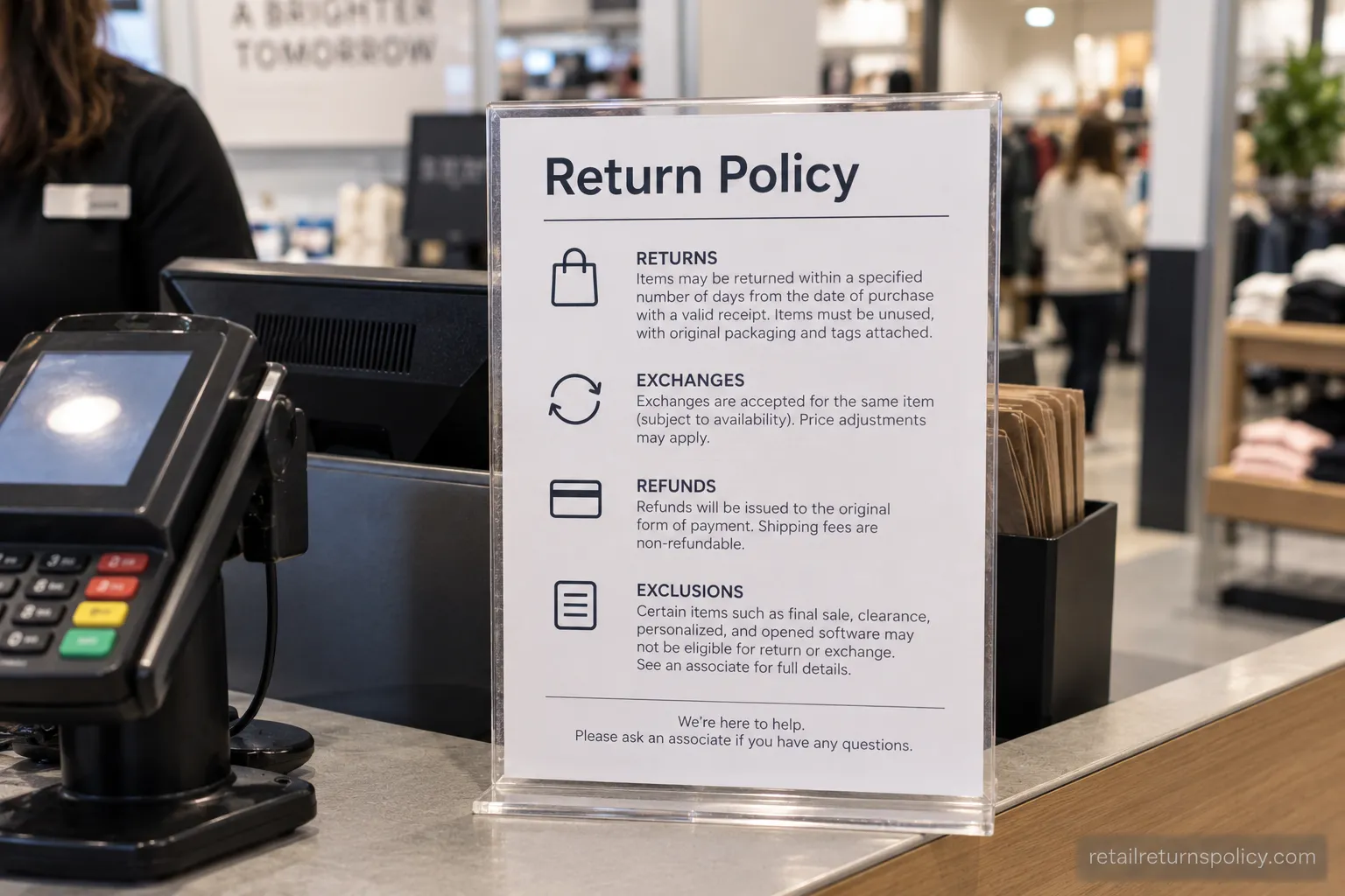 A return-policy sign posted at a store register, used to illustrate state disclosure rules