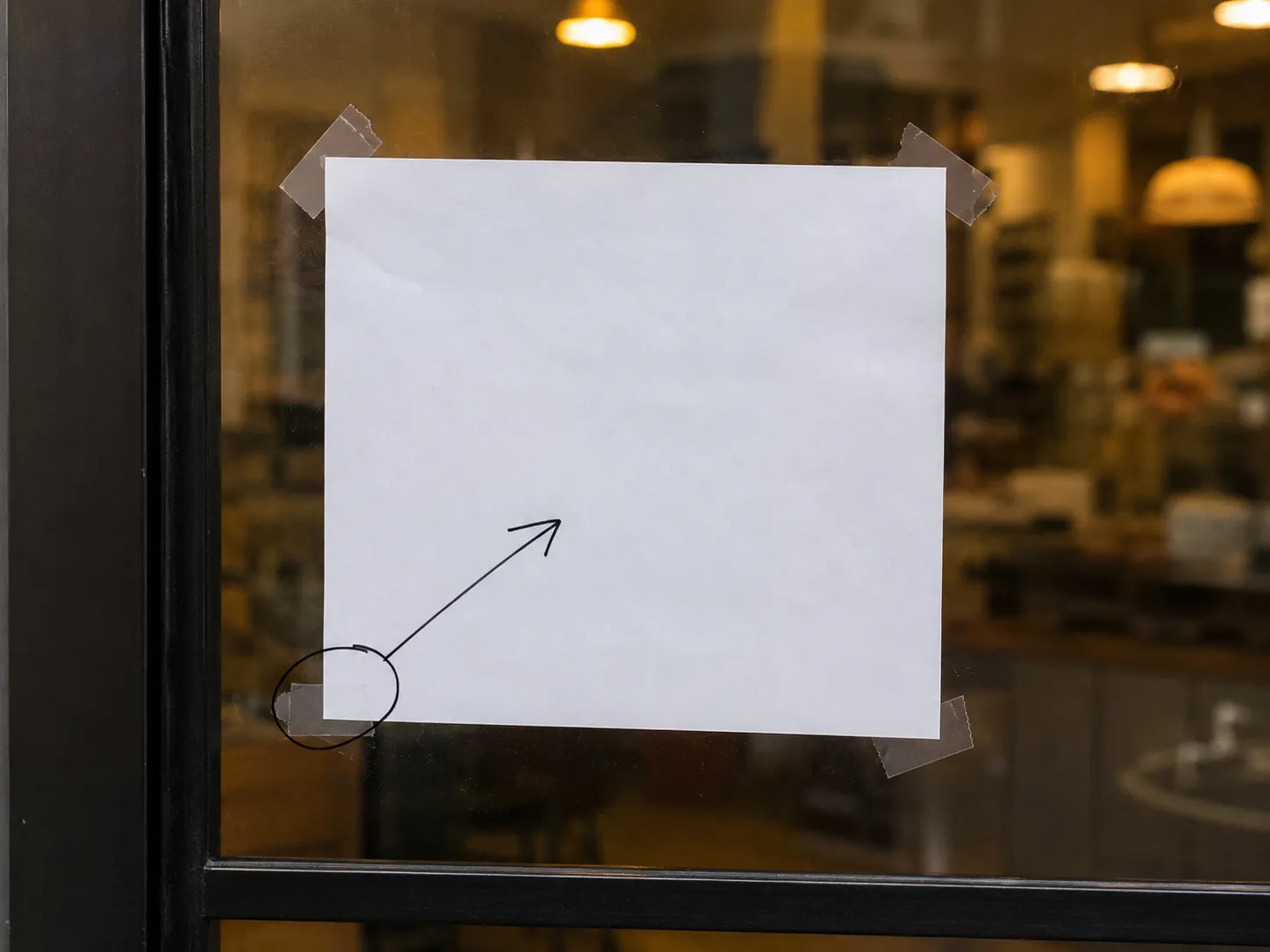 Representative illustration of a blank store entrance notice taped to a glass door with a hand-drawn annotation arrow highlighting where a business may revoke its public invitation to customers.
