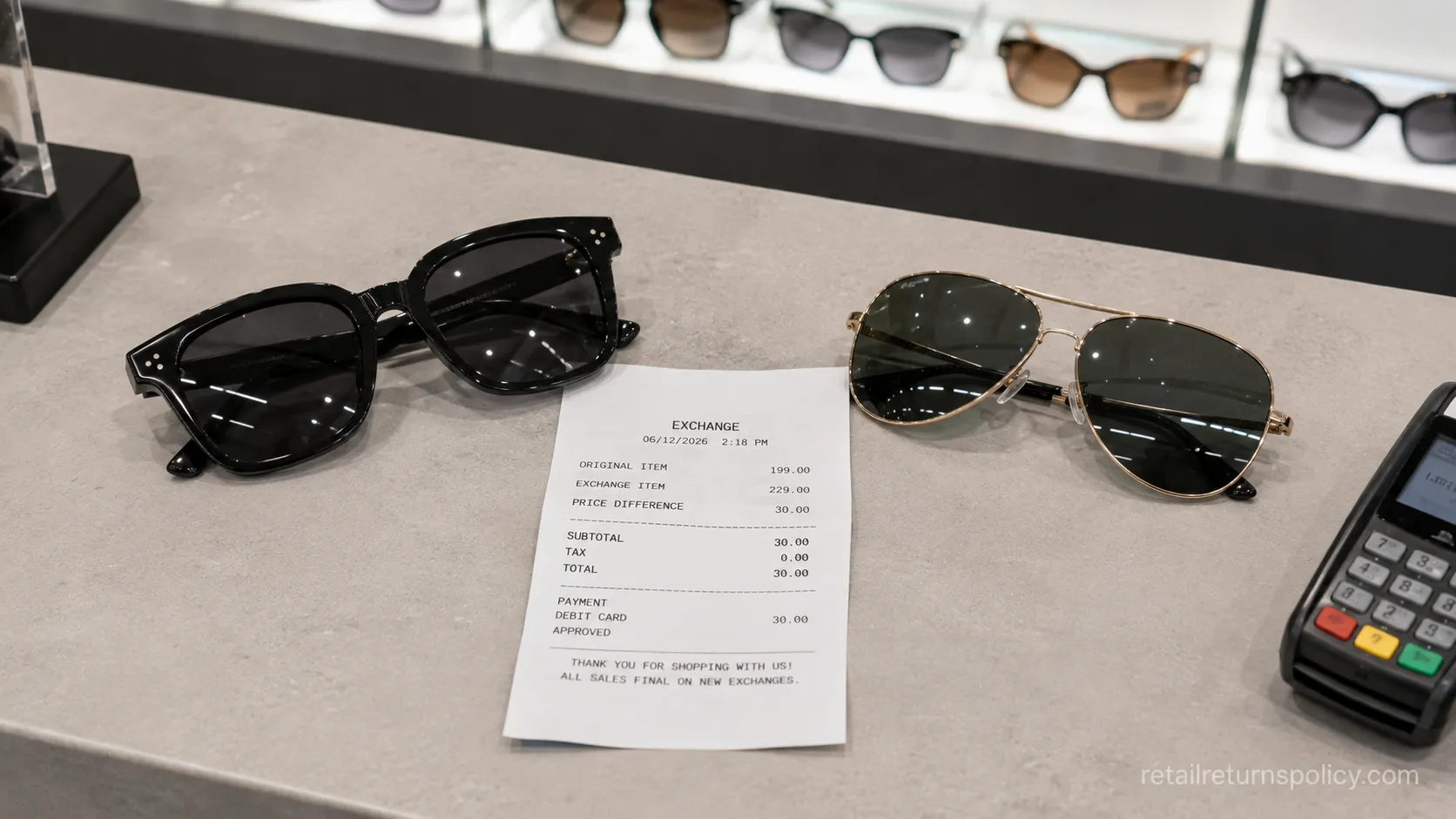 Two sunglasses beside a Sunglass Hut receipt showing a $30 price difference paid at the register