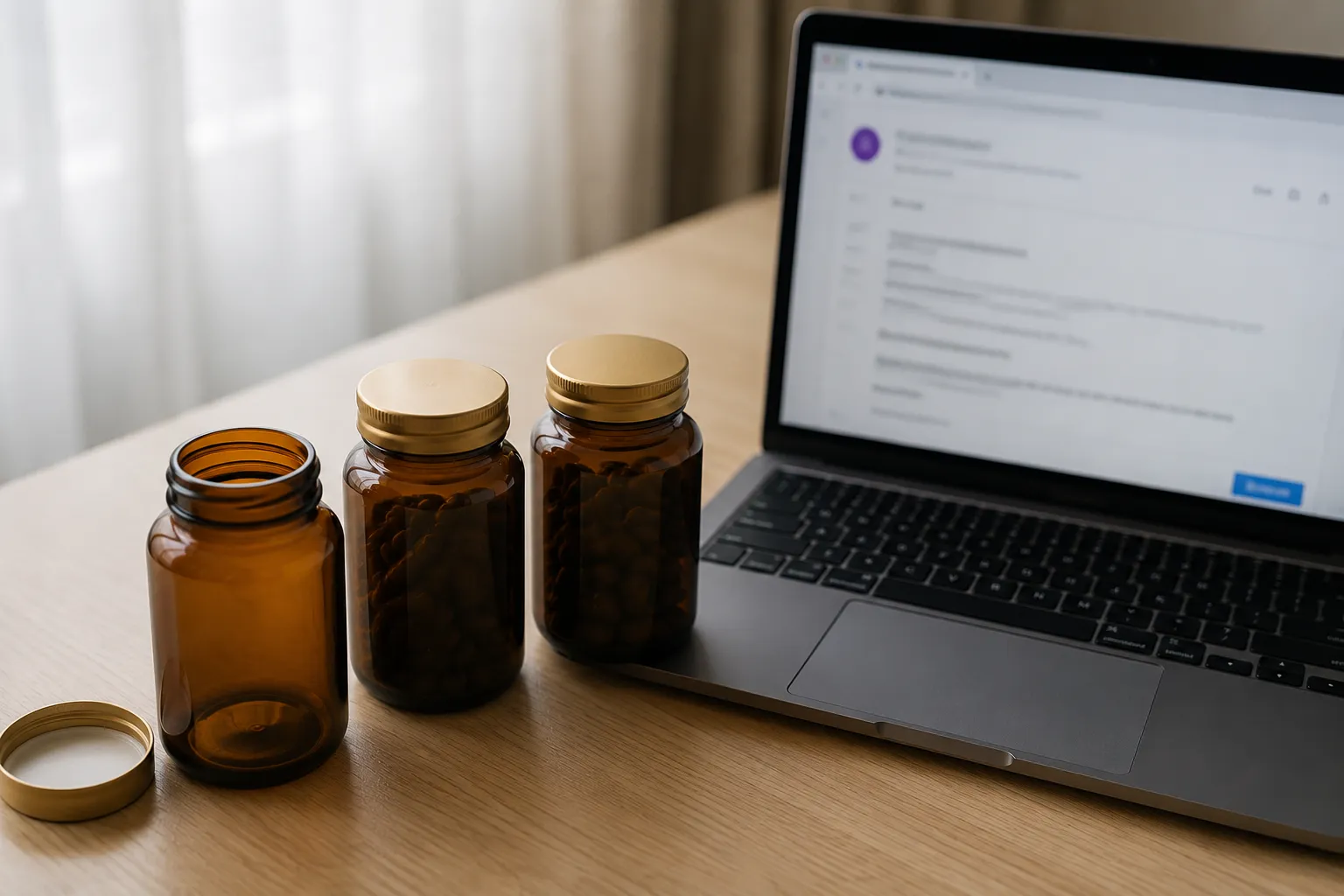 Empty amber supplement jar beside two sealed jars and an open laptop displaying a blurred refund confirmation email on a clean desk, illustrating a supplement return and refund experience.