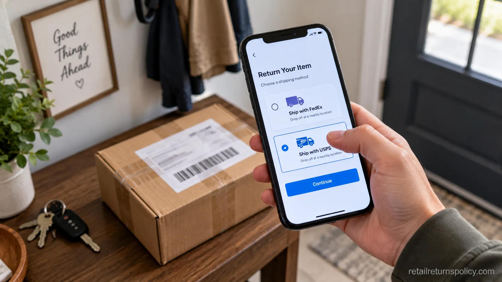 A phone showing a retailer return screen switching shipping carriers.