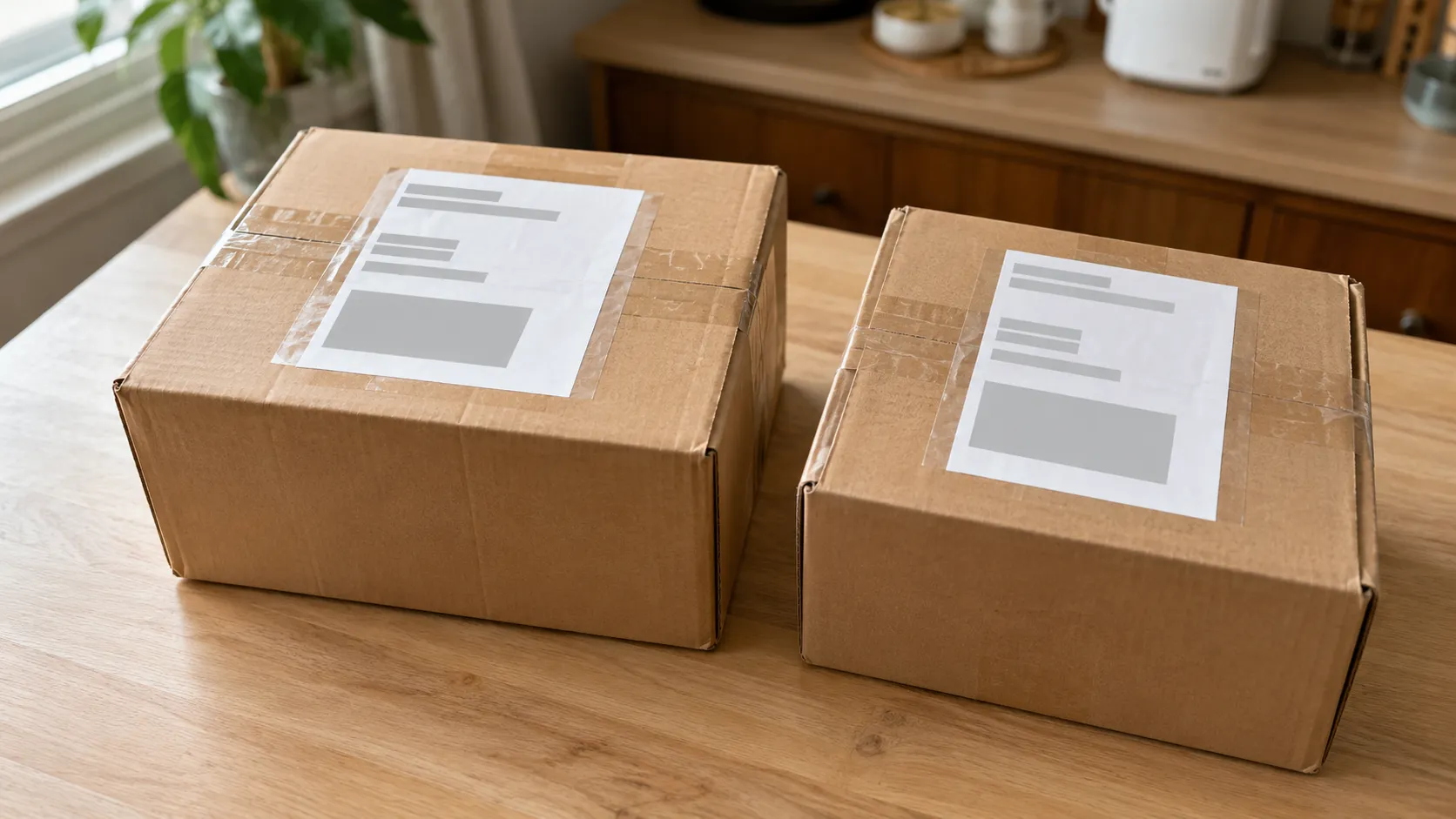 Representative illustration of two brown return boxes side by side on a wooden table with prepaid shipping labels visibly swapped, shown from a slightly elevated angle with a softly blurred kitchen.