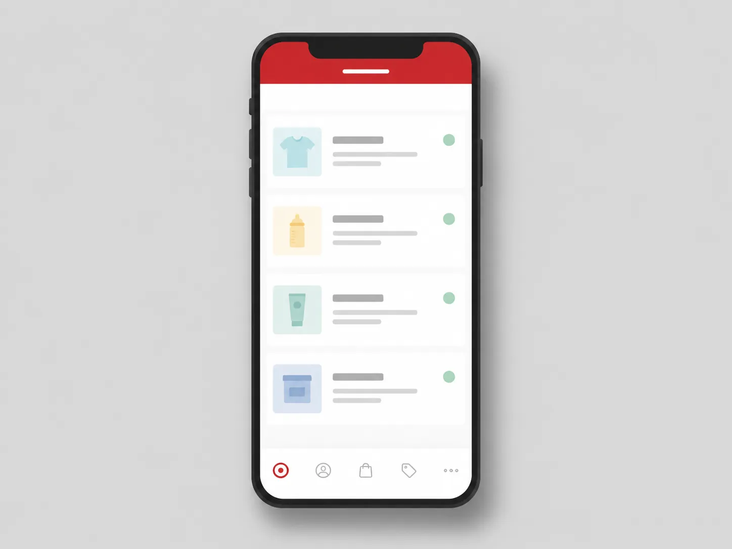Clean flat vector illustration of a smartphone displaying a generic purchase history with four transaction rows on a soft gray background, representing cached shopping app purchase history before.