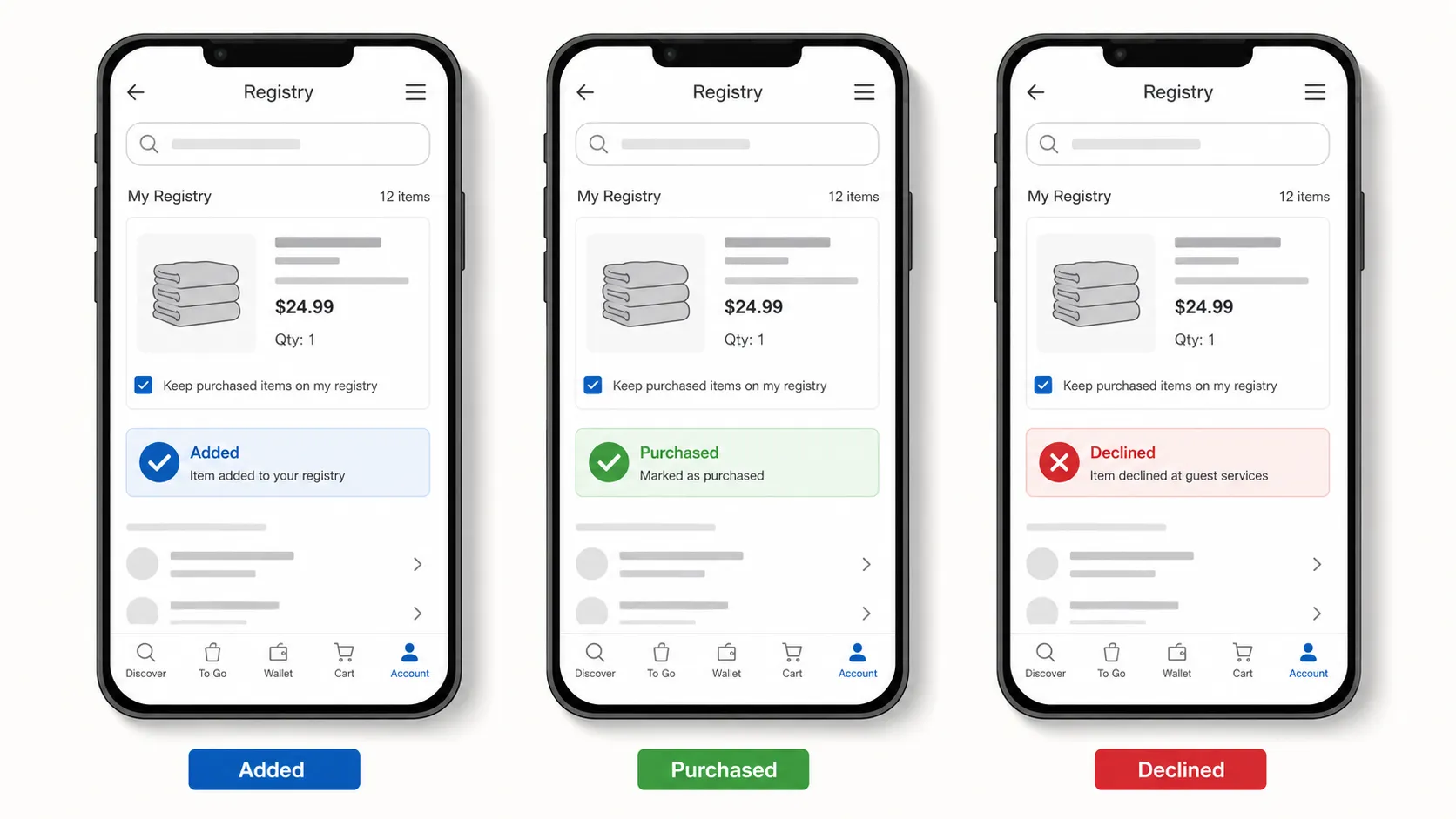 Three-panel vector illustration showing a generic shopping app sequence with an item marked as Added, Purchased, and Declined, representing the registry purchase and return process without brand logos