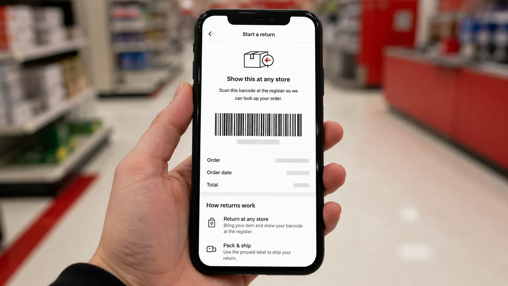 Hand holding a smartphone displaying a generic retail “Start a return” screen with a large scannable barcode and redacted online order details, against a softly blurred big-box store background.