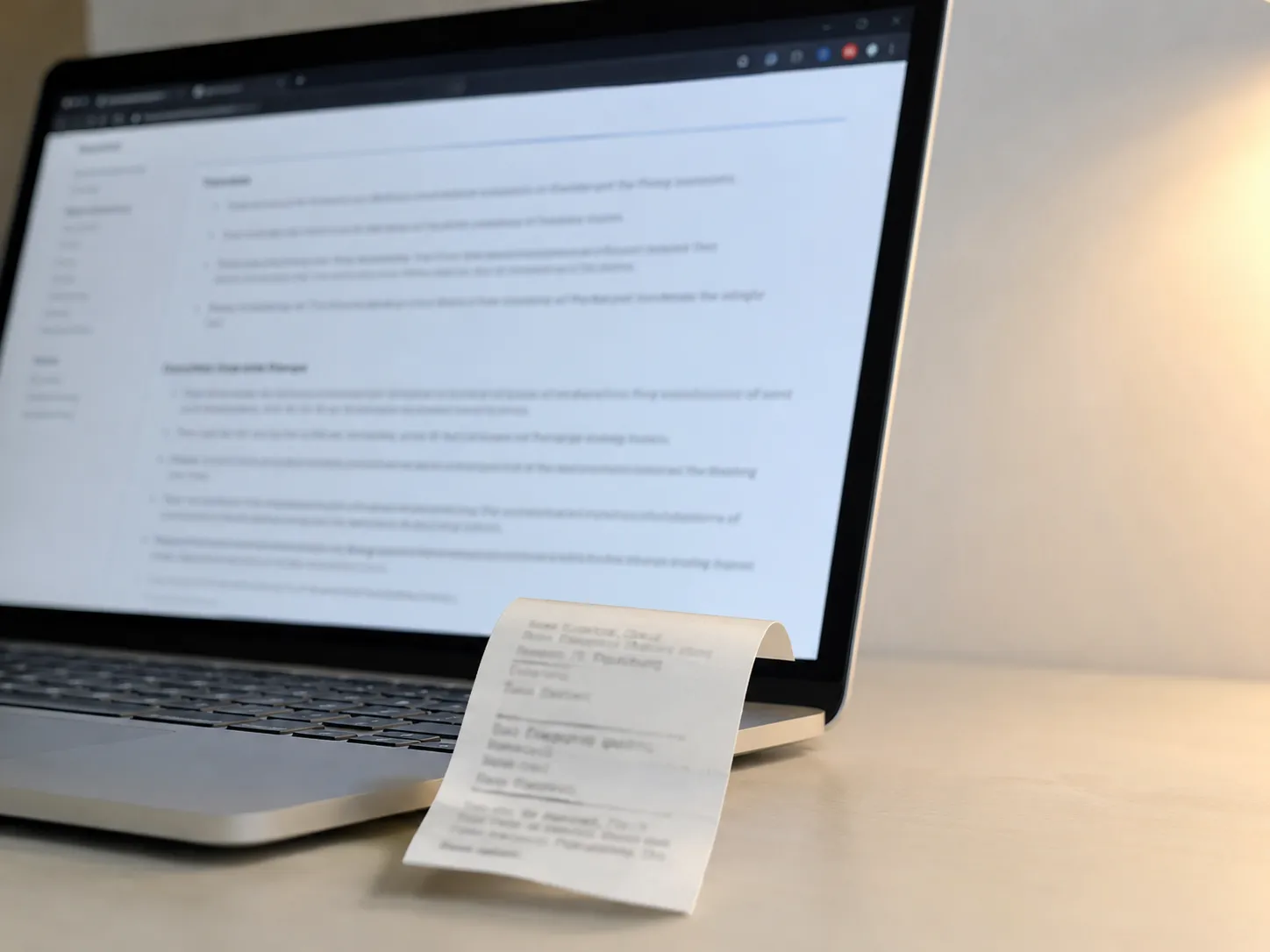 Thermal receipt beside a laptop displaying a blurred generic webpage on a desk, illustrating a comparison between an in-store purchase receipt and published Circle Card owned brand exclusion .