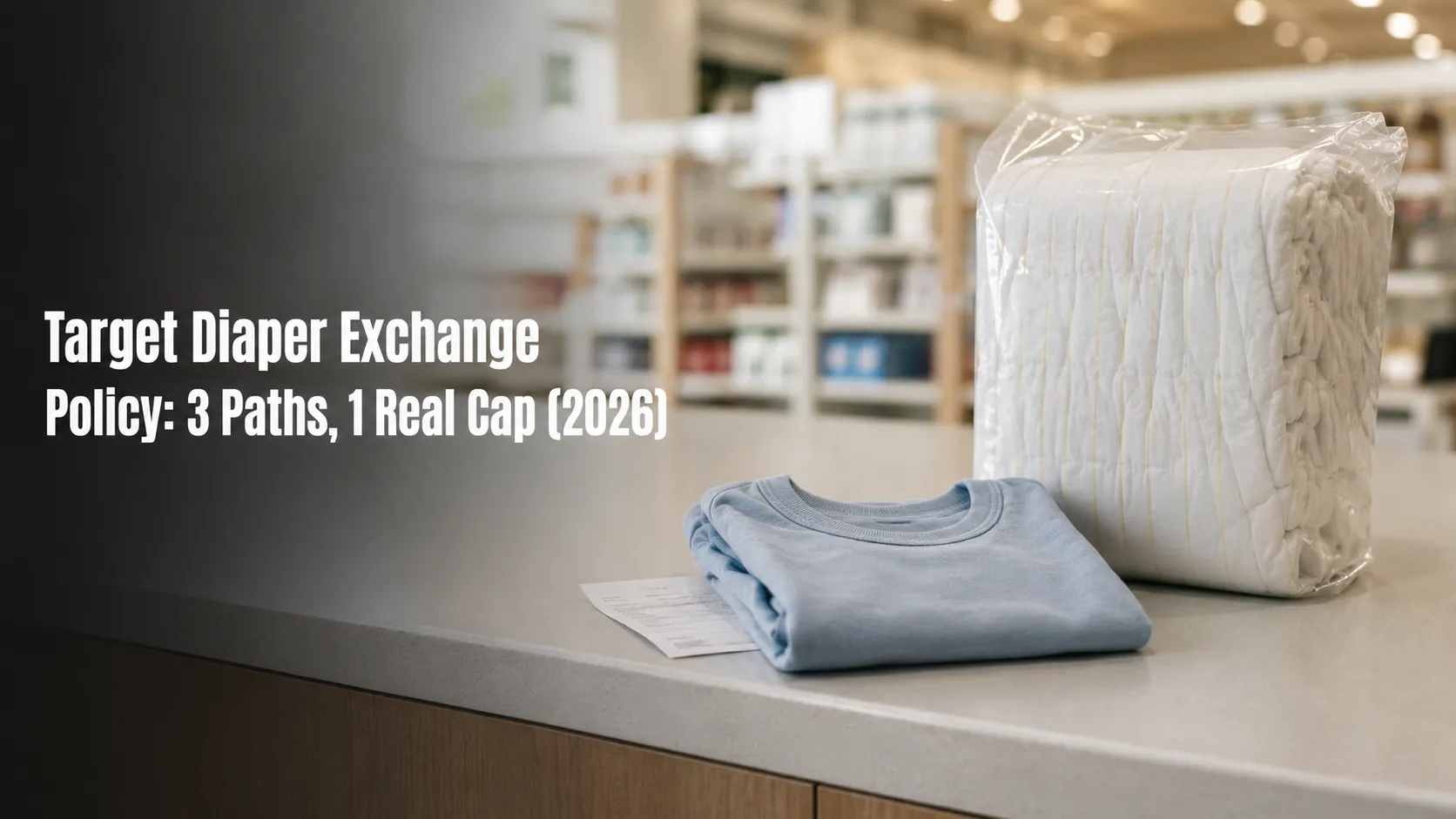 Featured image showing a sealed pack of disposable diapers, a folded toddler T-shirt, and a receipt on a retail service counter, illustrating the different Target return timelines for diapers .