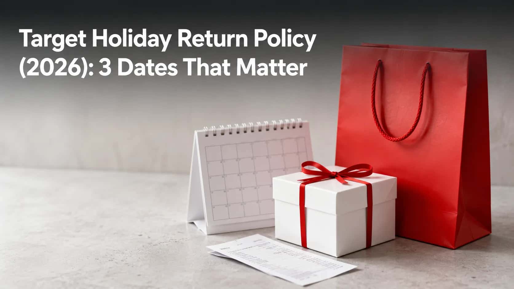 Red shopping bag, unopened white gift box with red ribbon, folded receipt, and January desk calendar on a concrete countertop illustrating the Target Holiday Return Policy 2026 return deadline guide.