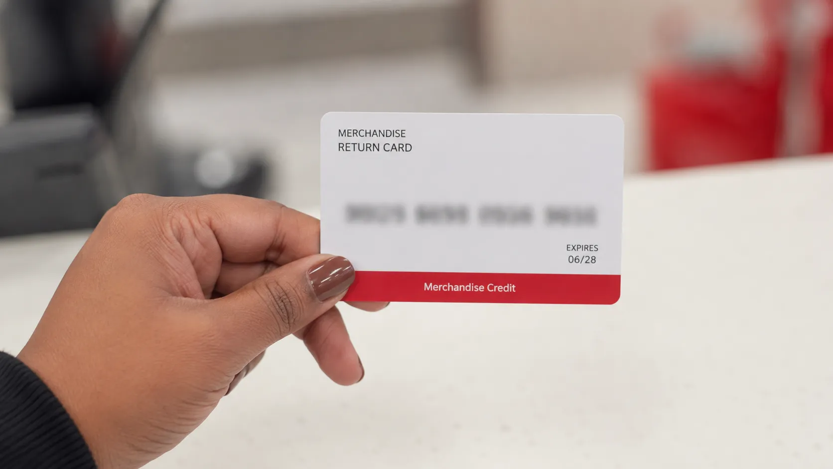 Close-up of a hand holding a merchandise return card issued for a no-receipt return, with the card number masked for privacy against a softly blurred retail counter background.