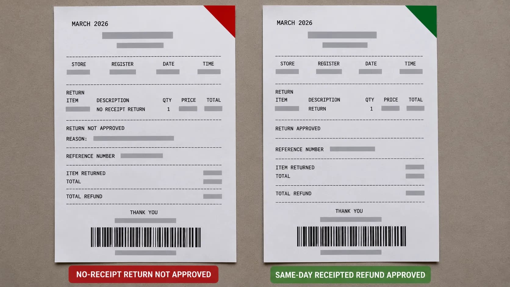 Side-by-side comparison of two redacted retail transaction slips from March 2026, showing a no-receipt return denial and a successful same-day receipted refund, marked with subtle red and green.
