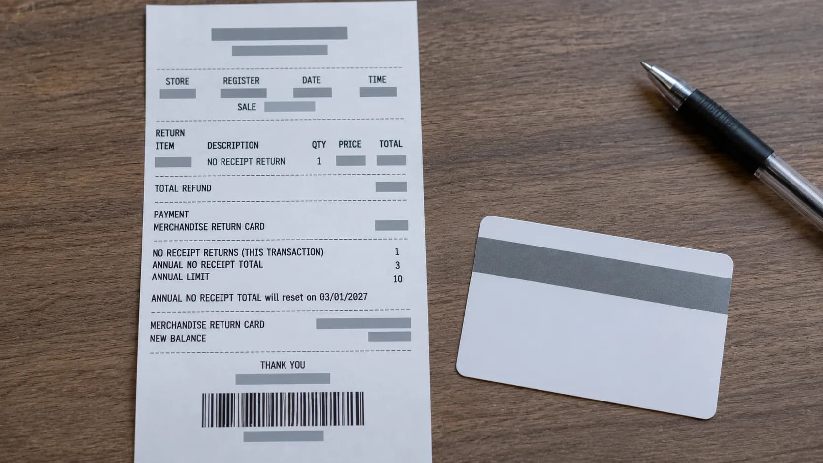 Top-down flat-lay of a redacted retail return receipt showing a no-receipt return and annual no-receipt total beside a plain merchandise return card, with a pen on a neutral desk under soft lighting.