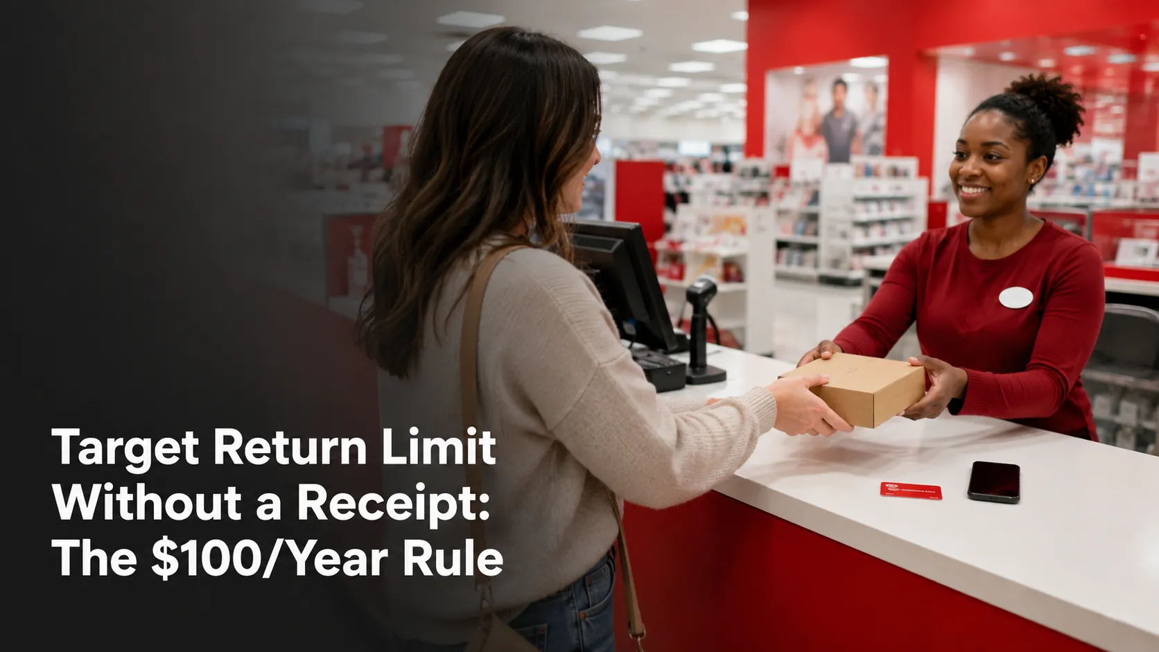 Target-style guest services return counter with a shopper returning a boxed item, a store return card, and a smartphone, illustrating the $100 annual no-receipt return limit.