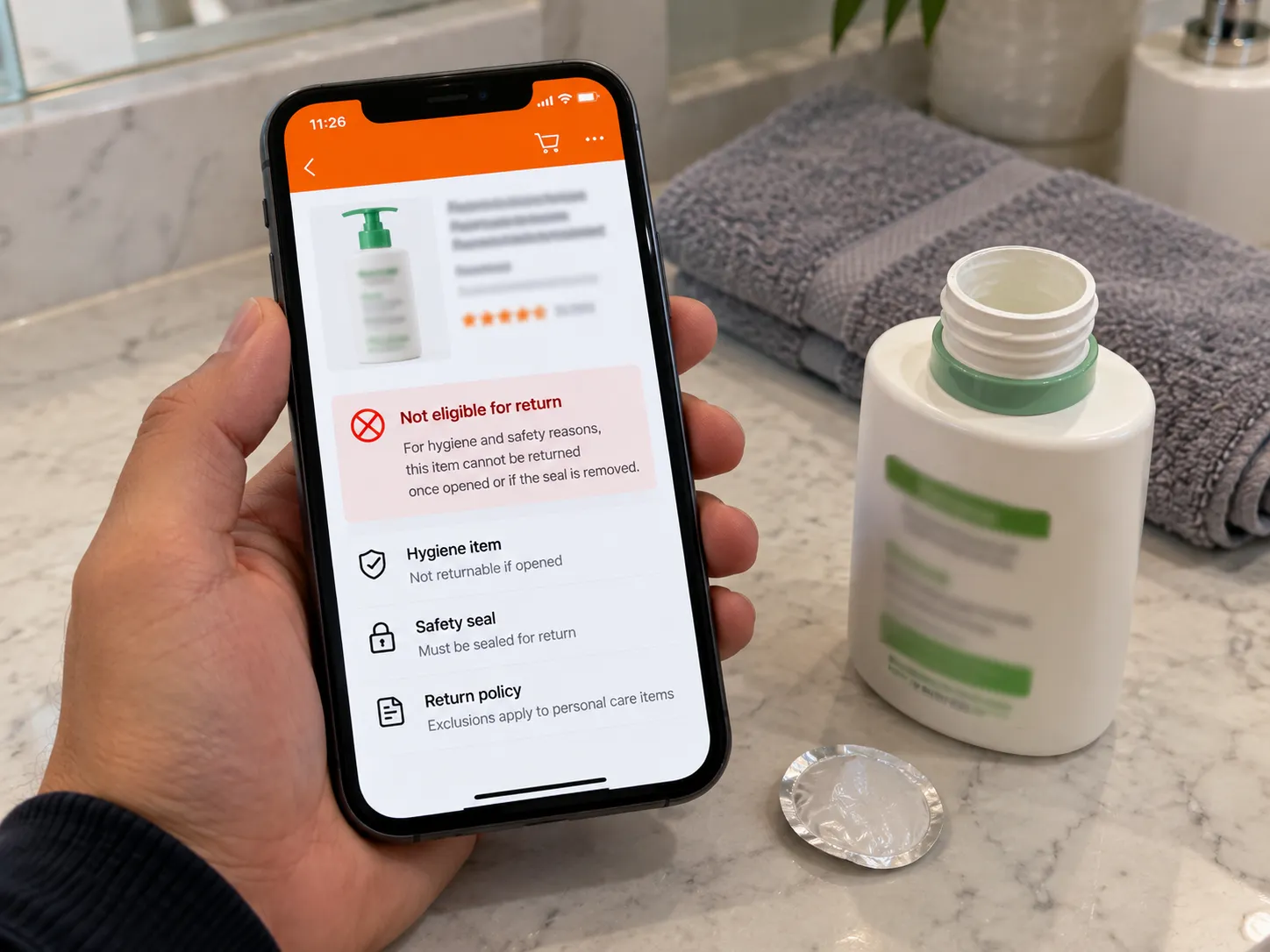 Phone showing a not-eligible return message beside an opened personal-care item with a removed hygiene seal.