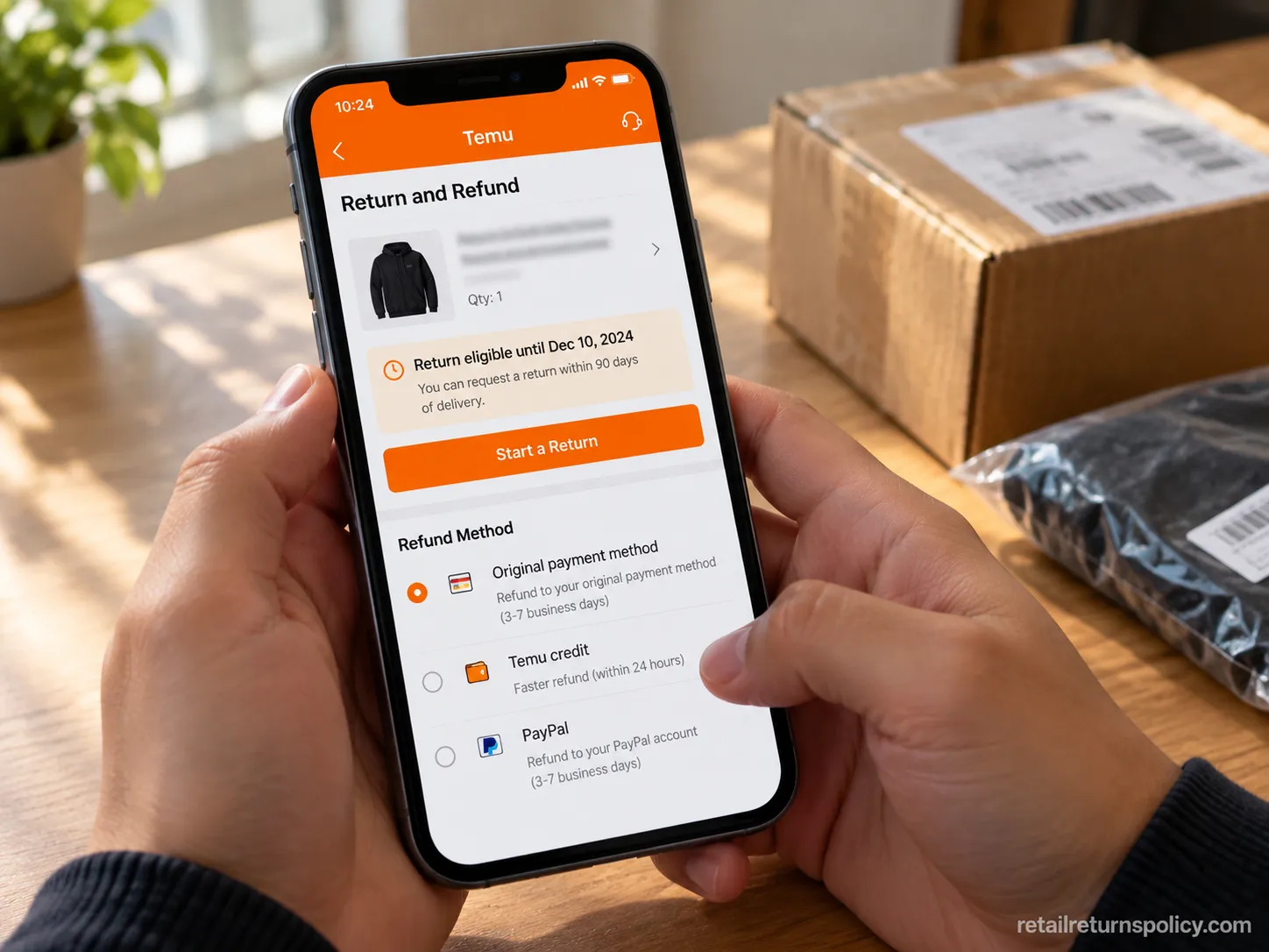 Phone showing a Temu order’s return and refund screen with the return deadline and refund options.