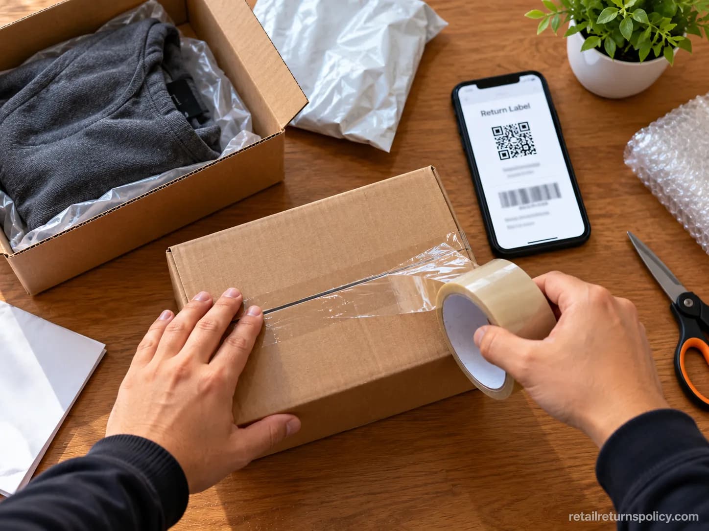 Hands taping a return box next to a phone showing a return label, illustrating how to return Temu items.