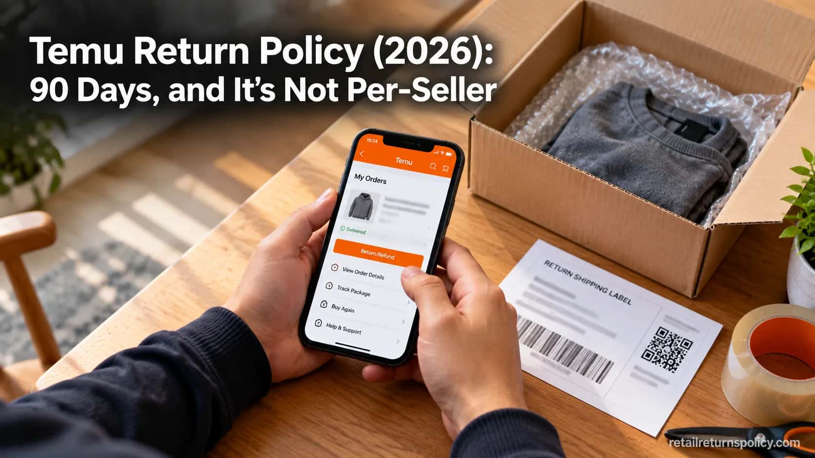 Hands holding a phone with an online order beside an open parcel and shipping label, illustrating the Temu return policy.