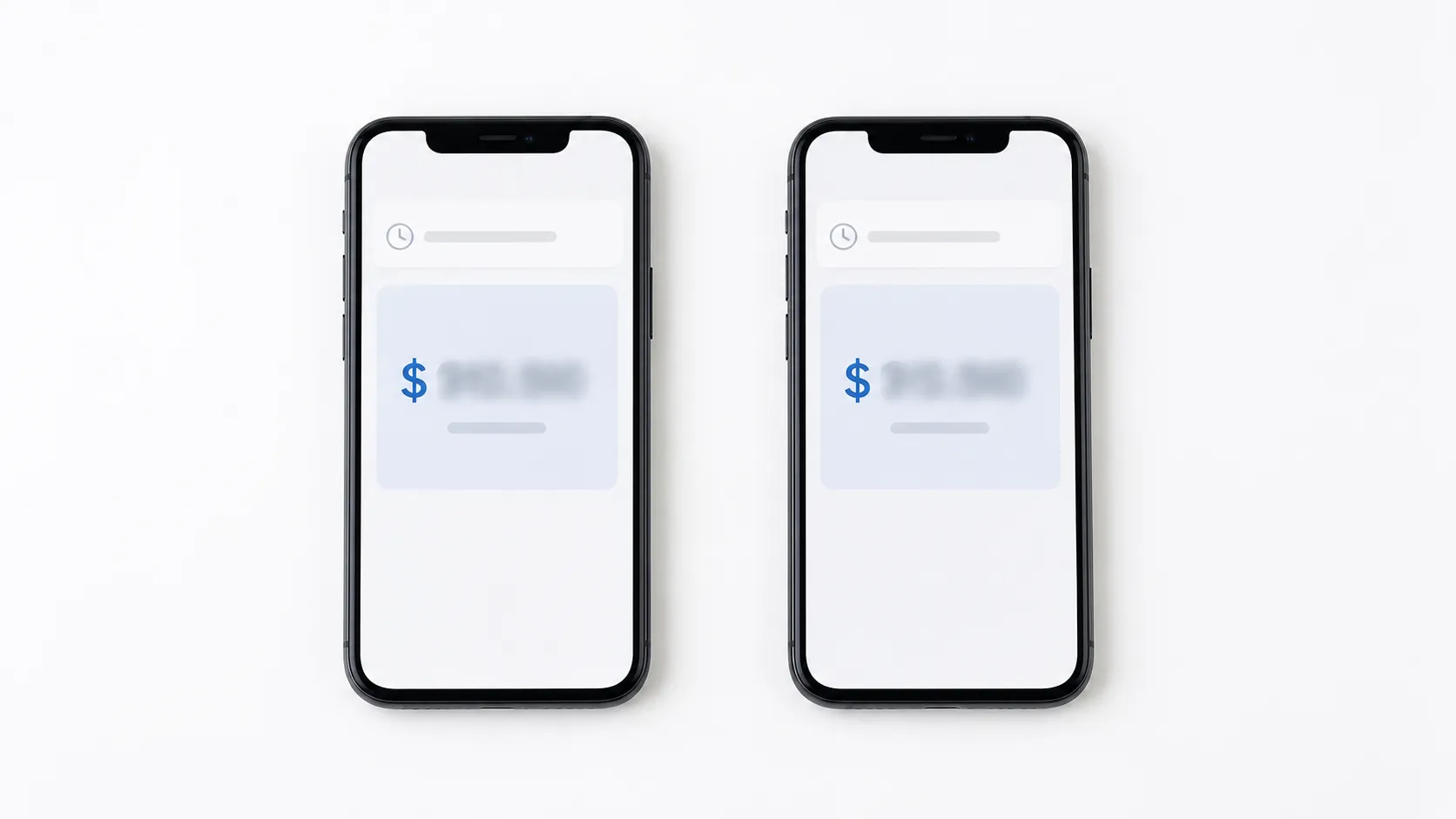 Two modern smartphones displayed side by side on a white studio background, showing abstracted gift card balance screens immediately before a return and again two hours and forty minutes later.