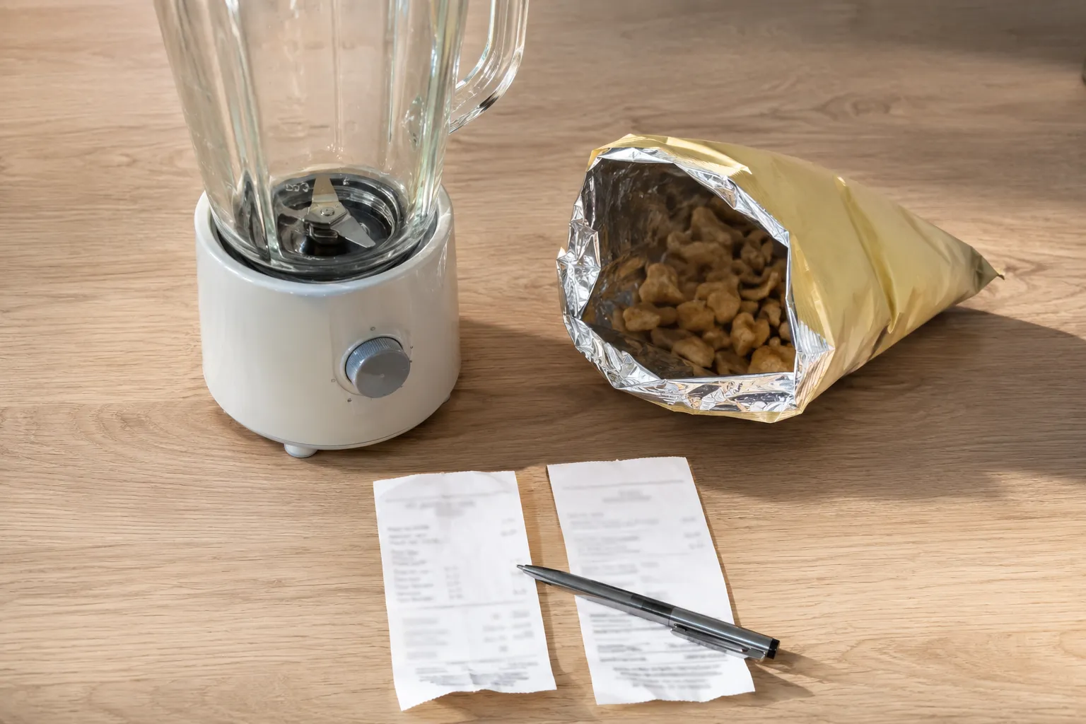 Overhead view of a white countertop blender and an opened snack bag beside two claim-desk receipts and a pen on a light wood table, illustrating representative product return test evidence.
