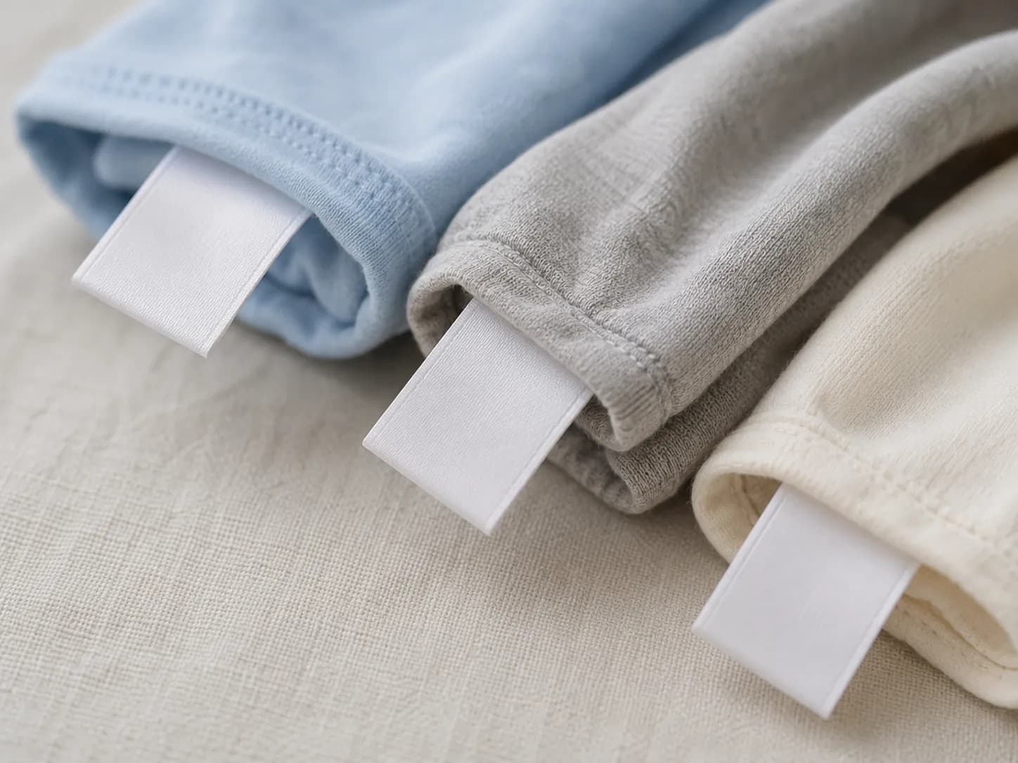 Three blank, unbranded garment care tags photographed beside folded children's cotton clothing in pale blue, soft gray, and cream on a light linen surface, illustrating clothing label identification.
